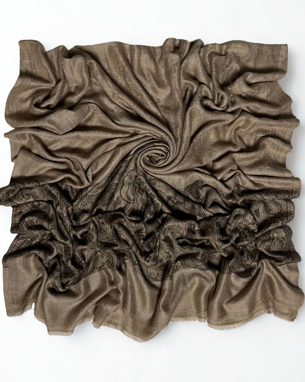 Fawn fine pashmina Palladar shawl swirled from above, the pale field over the dark paisley palla