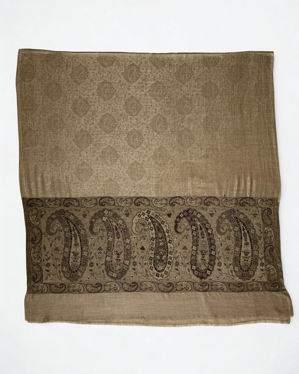 Fawn pashmina ring shawl laid flat, showing the woven medallion field and five large black and brown paisleys across the palla