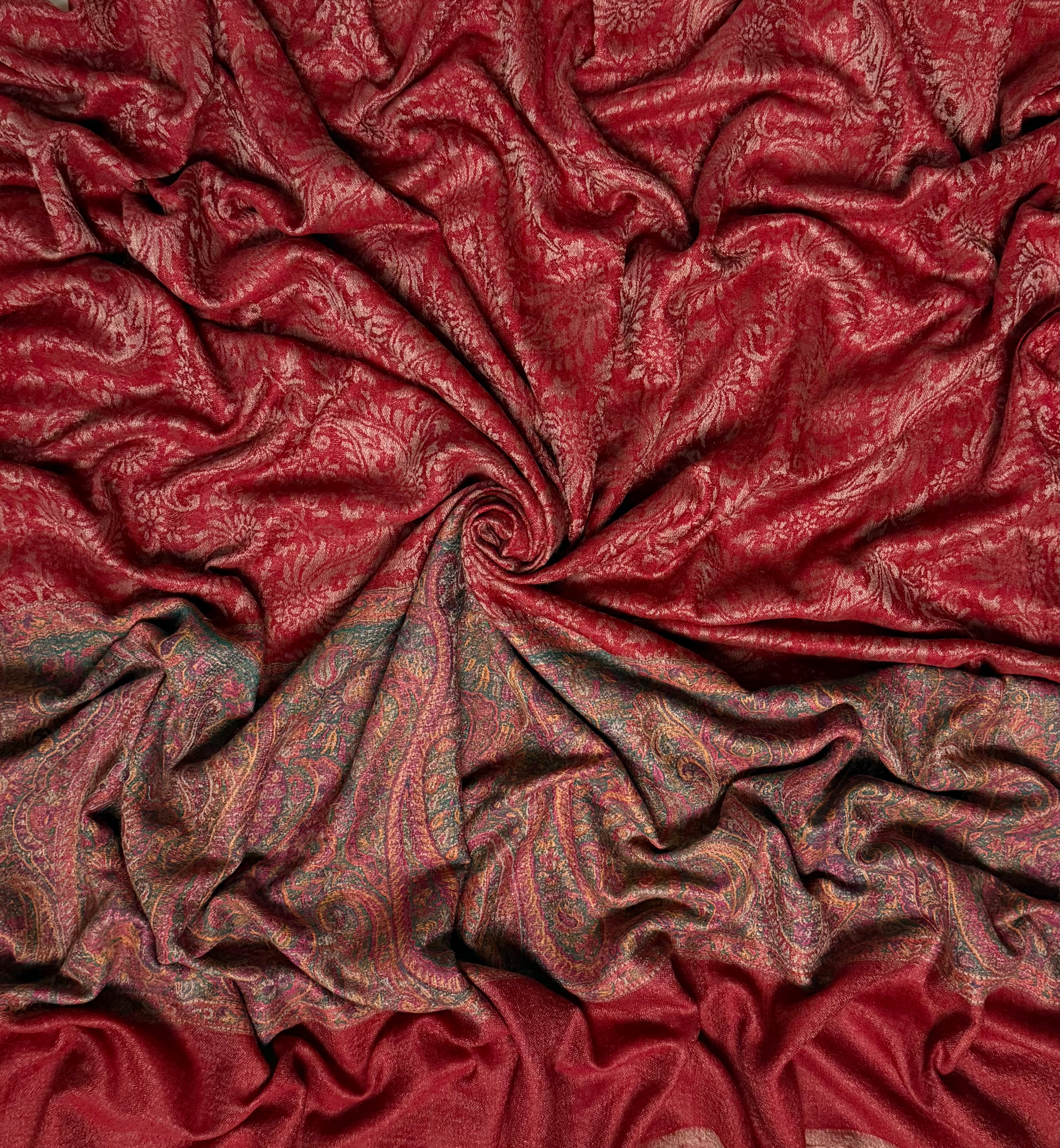 Fine pashmina Palladar shawl in brick red, full length view
