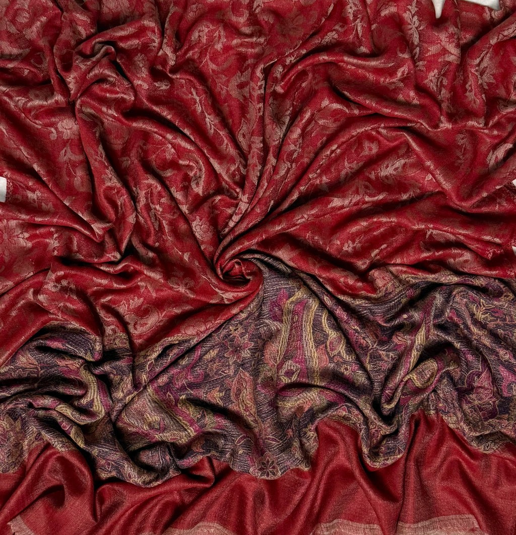 Fine pashmina ring shawl in scarlet with indigo paisley border, full length