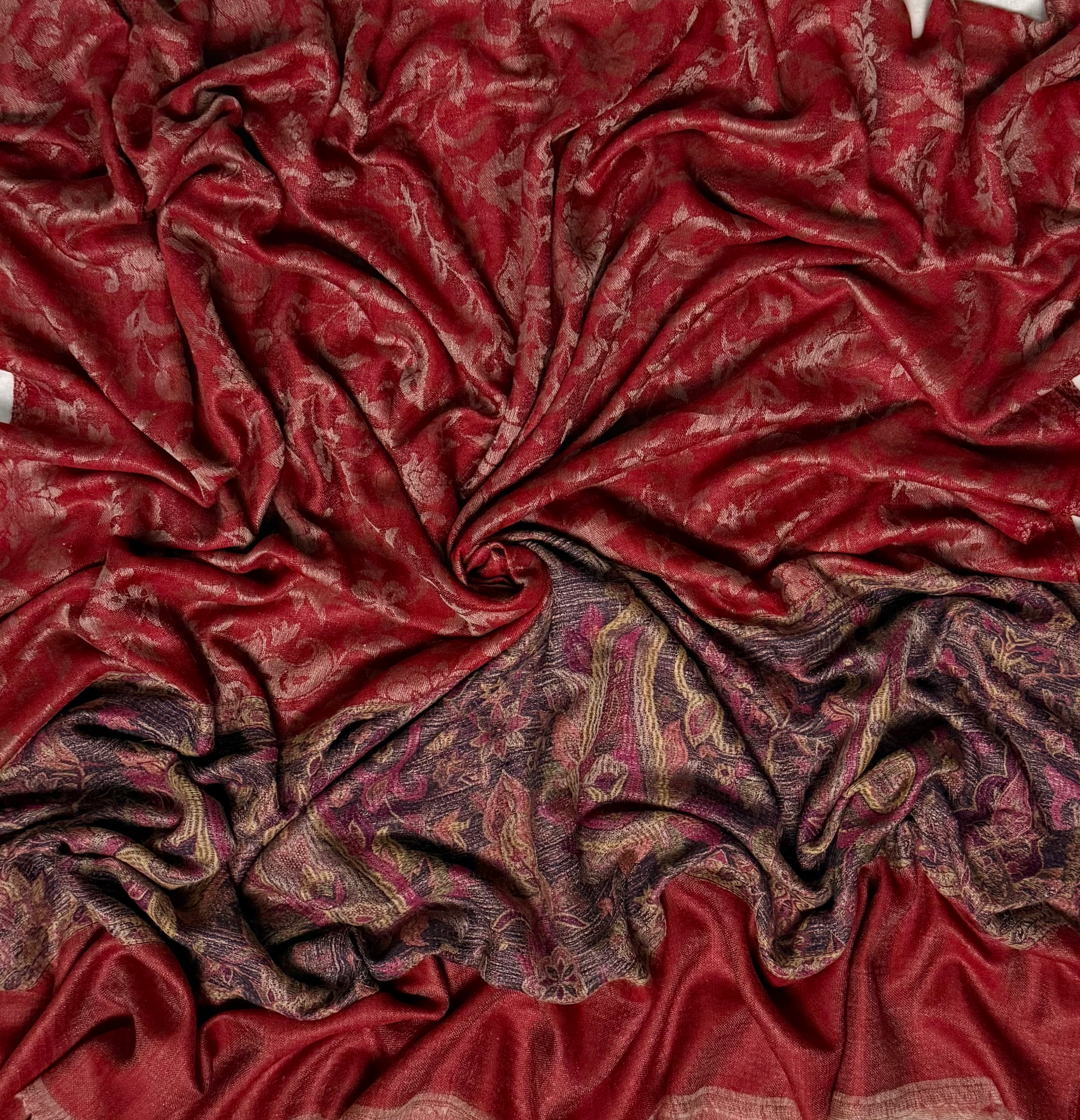 Fine pashmina ring shawl in scarlet with indigo paisley border, full length
