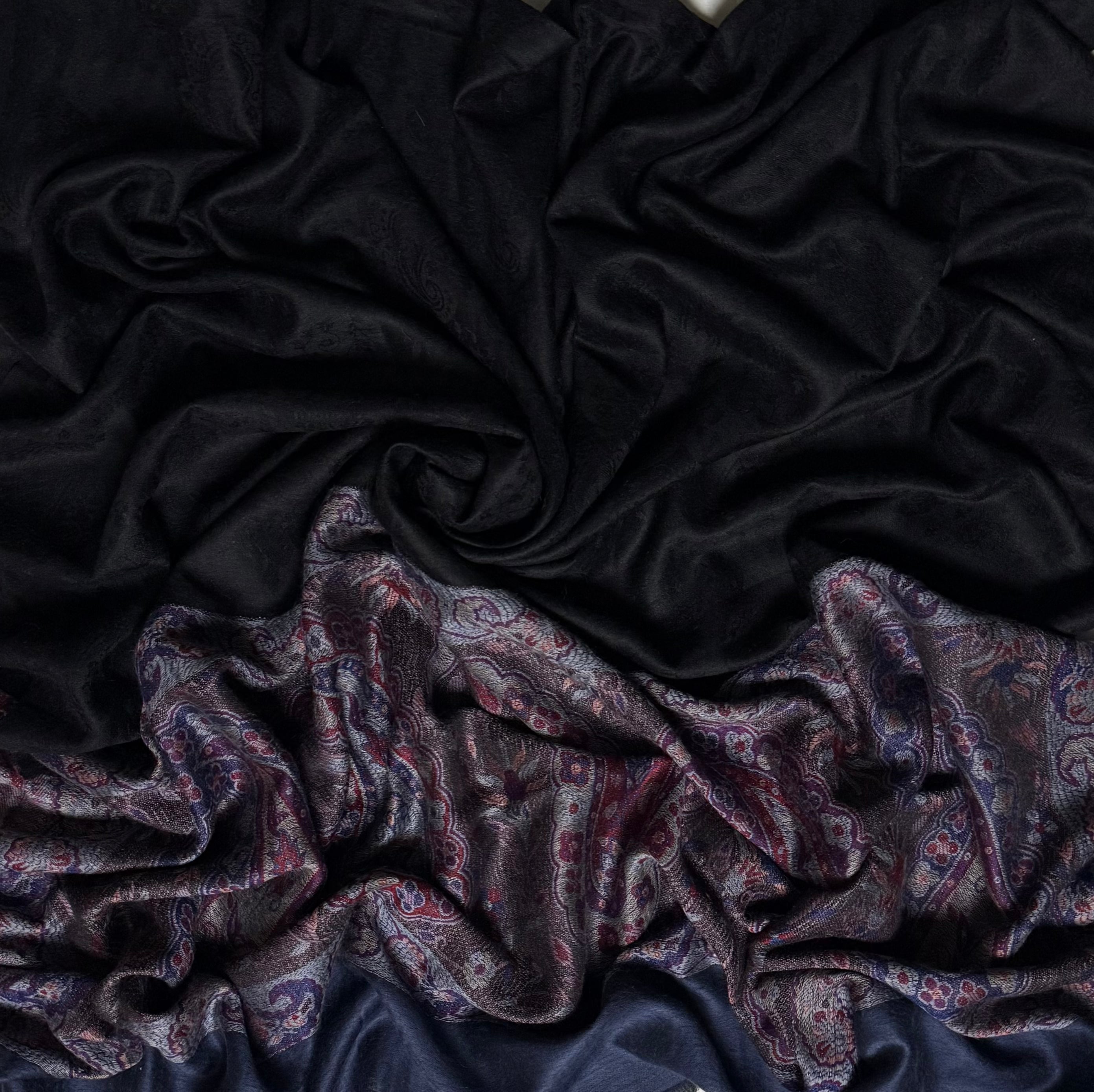 Fine pashmina ring shawl in black with slate blue paisley border, full length