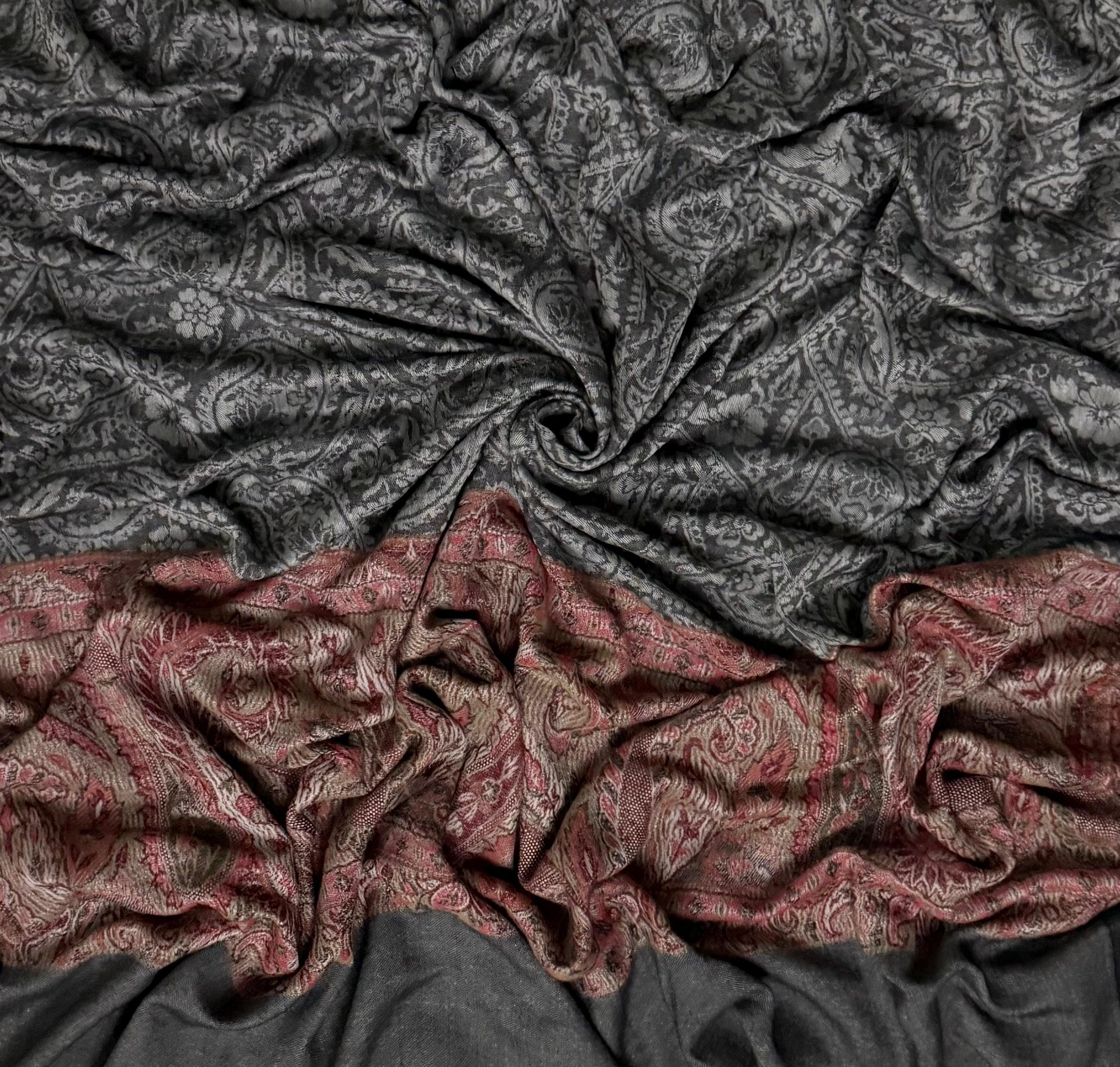 Fine pashmina ring shawl in charcoal with antique rose border, full length