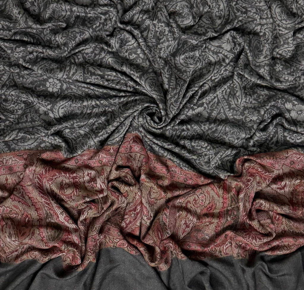 Fine pashmina ring shawl in charcoal with antique rose border, full length