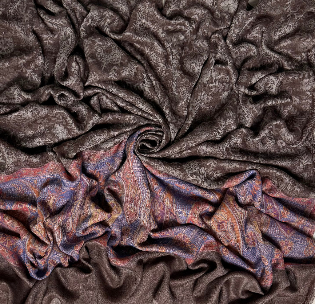 Fine pashmina ring shawl in cocoa with periwinkle paisley band, full length