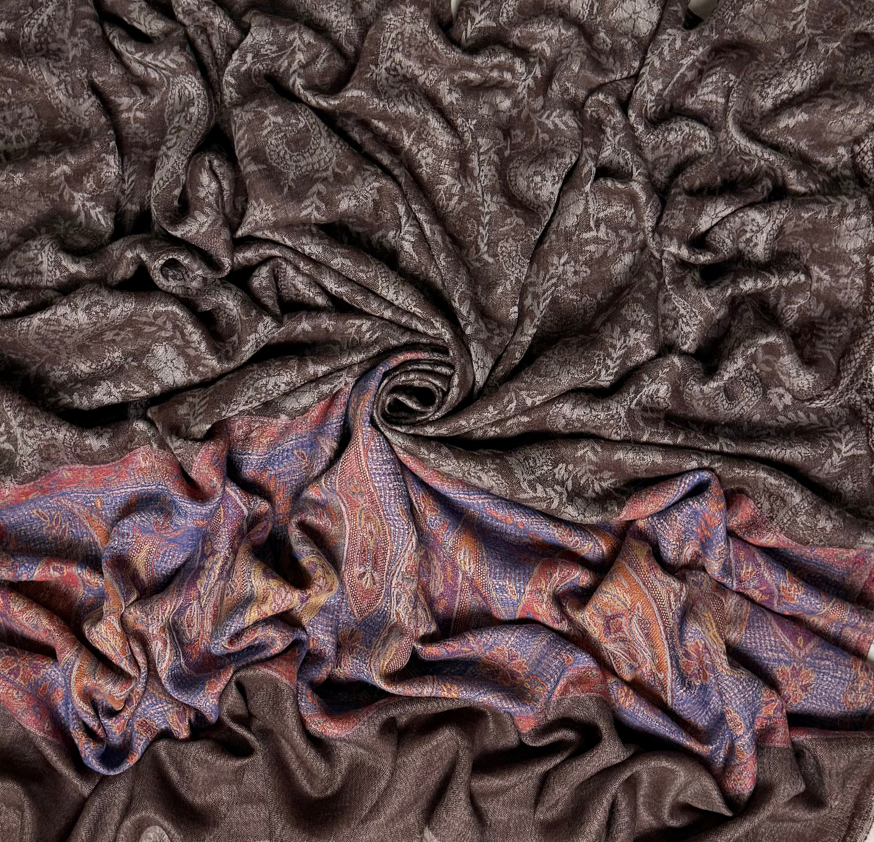 Fine pashmina ring shawl in cocoa with periwinkle paisley band, full length