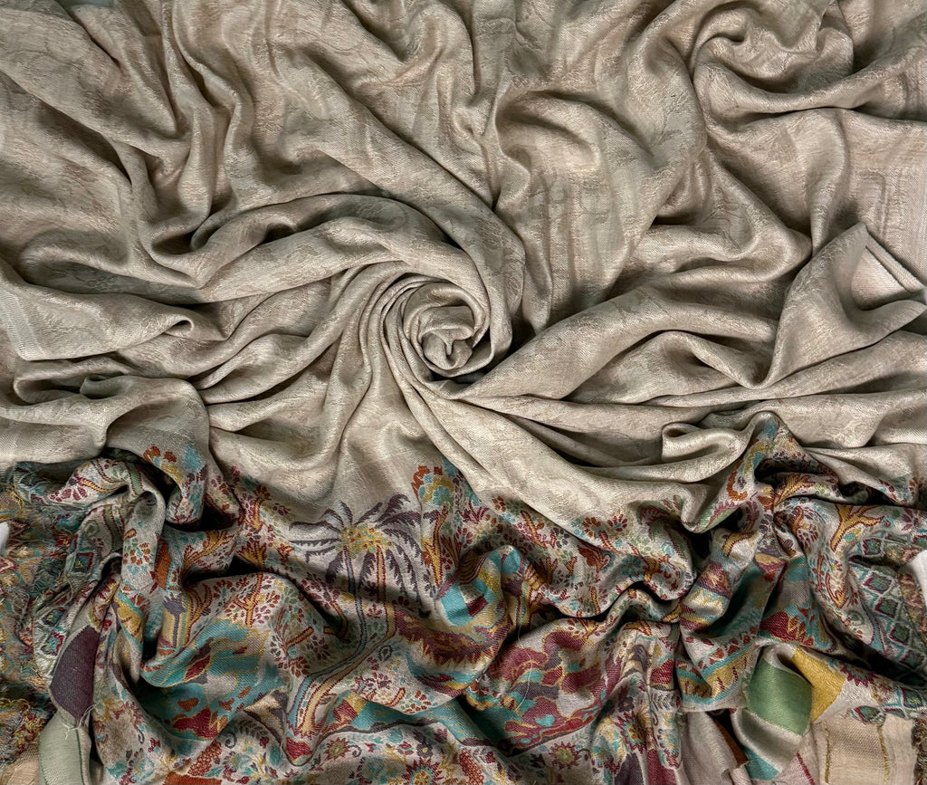 Fine pashmina ek rukh ring shawl in stone grey with village landscape panel, full length