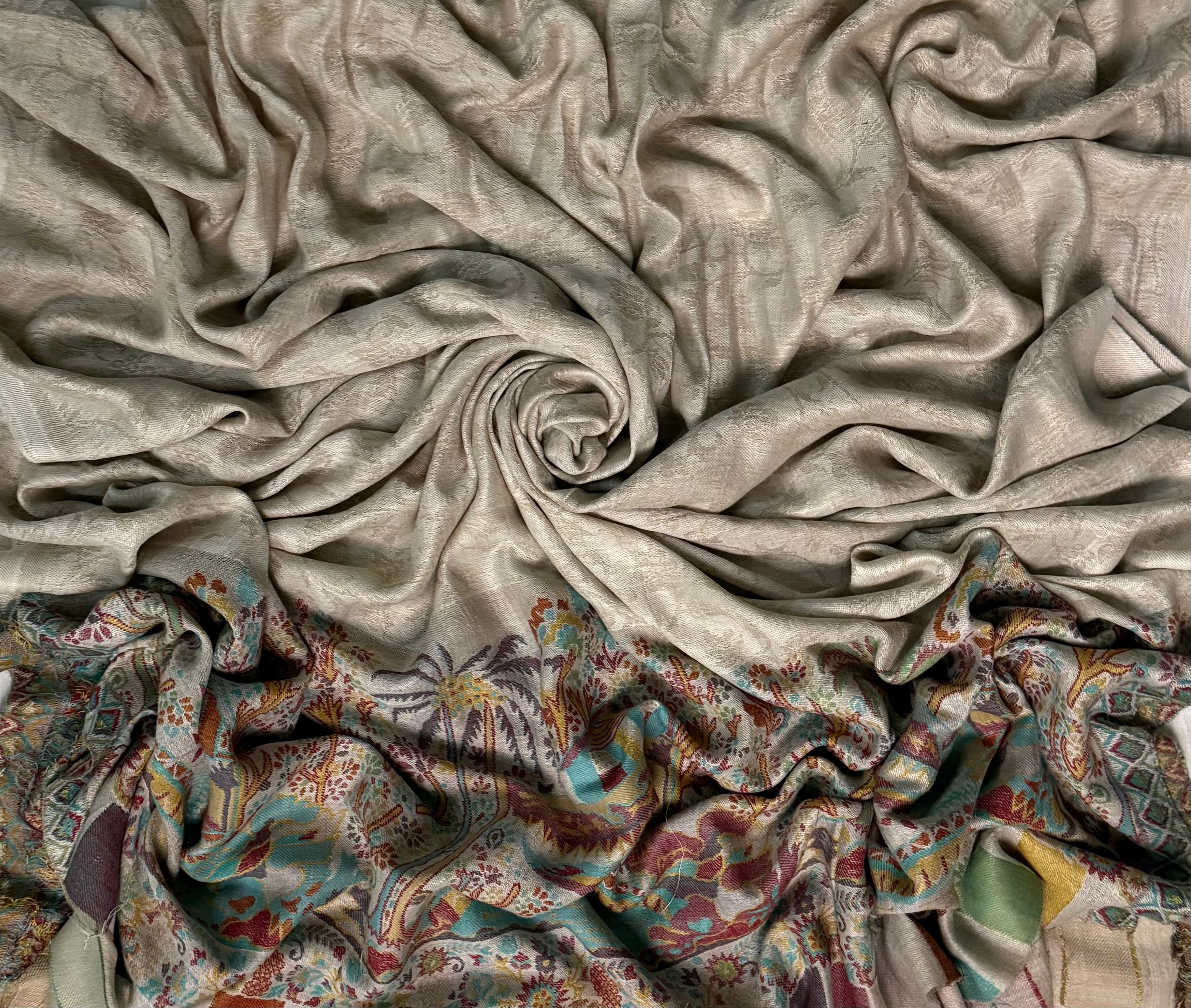 Fine pashmina ek rukh ring shawl in stone grey with village landscape panel, full length