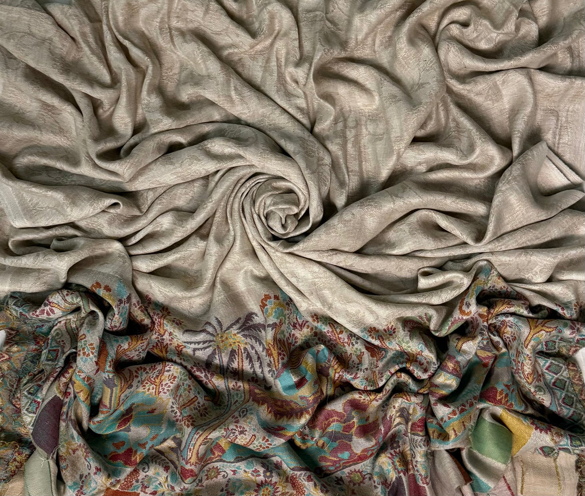 Fine pashmina ek rukh ring shawl in stone grey with village landscape panel, full length