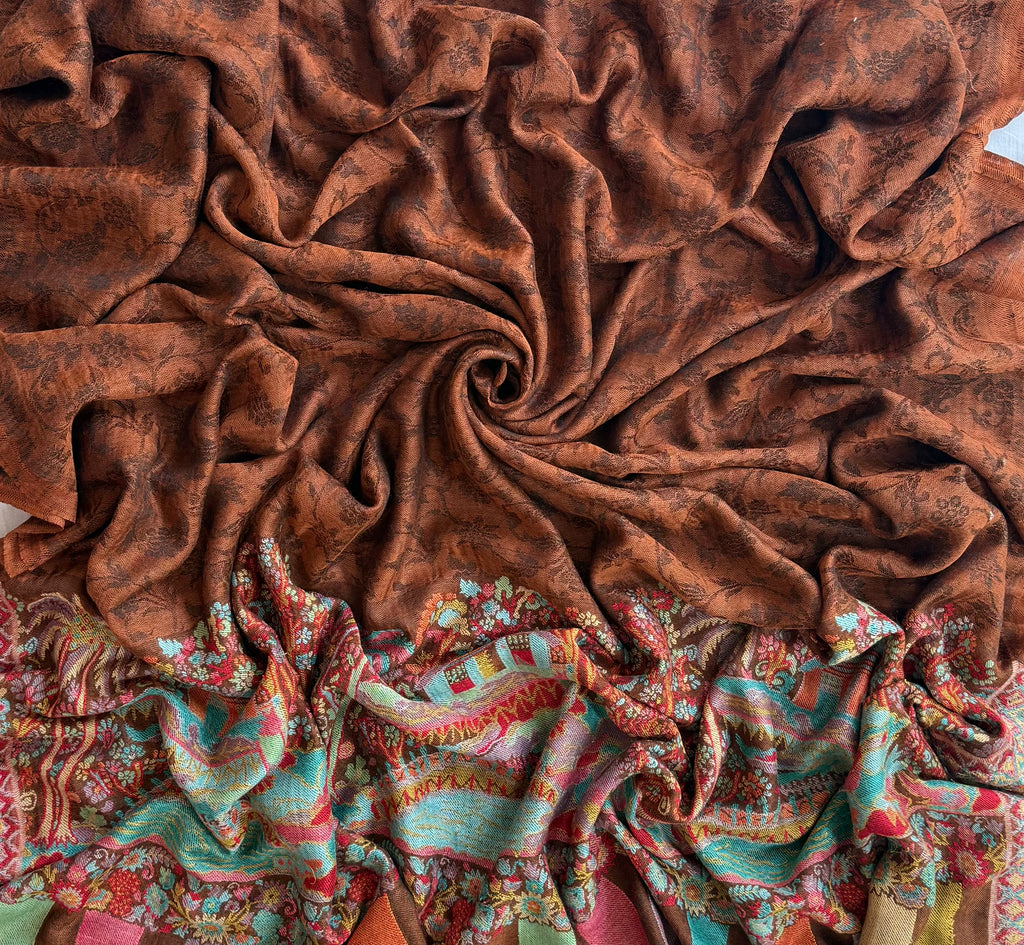 Fine pashmina ek rukh ring shawl in rust with village landscape panel, full length