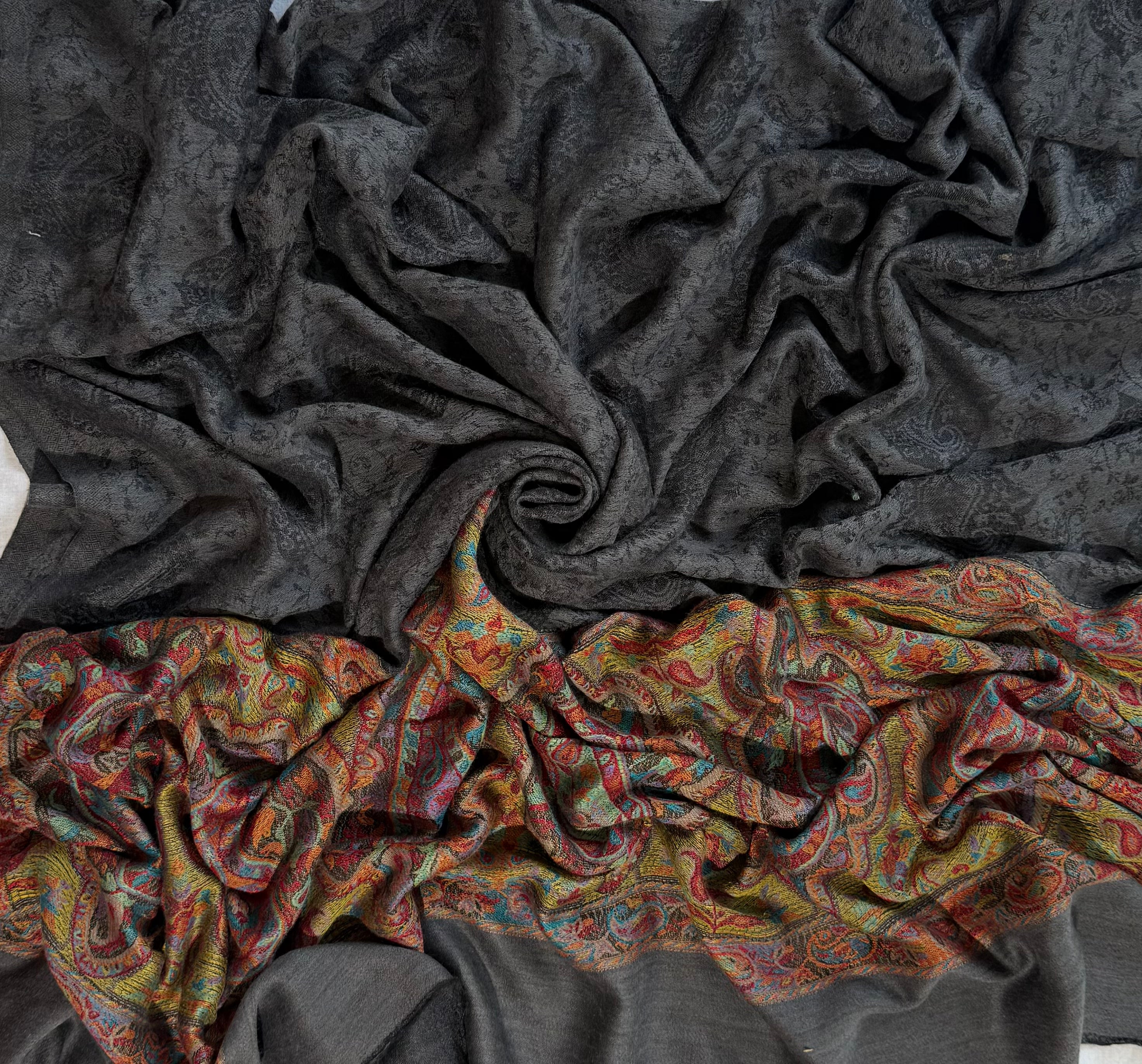 Fine pashmina ring shawl in graphite with gold and turquoise pallas