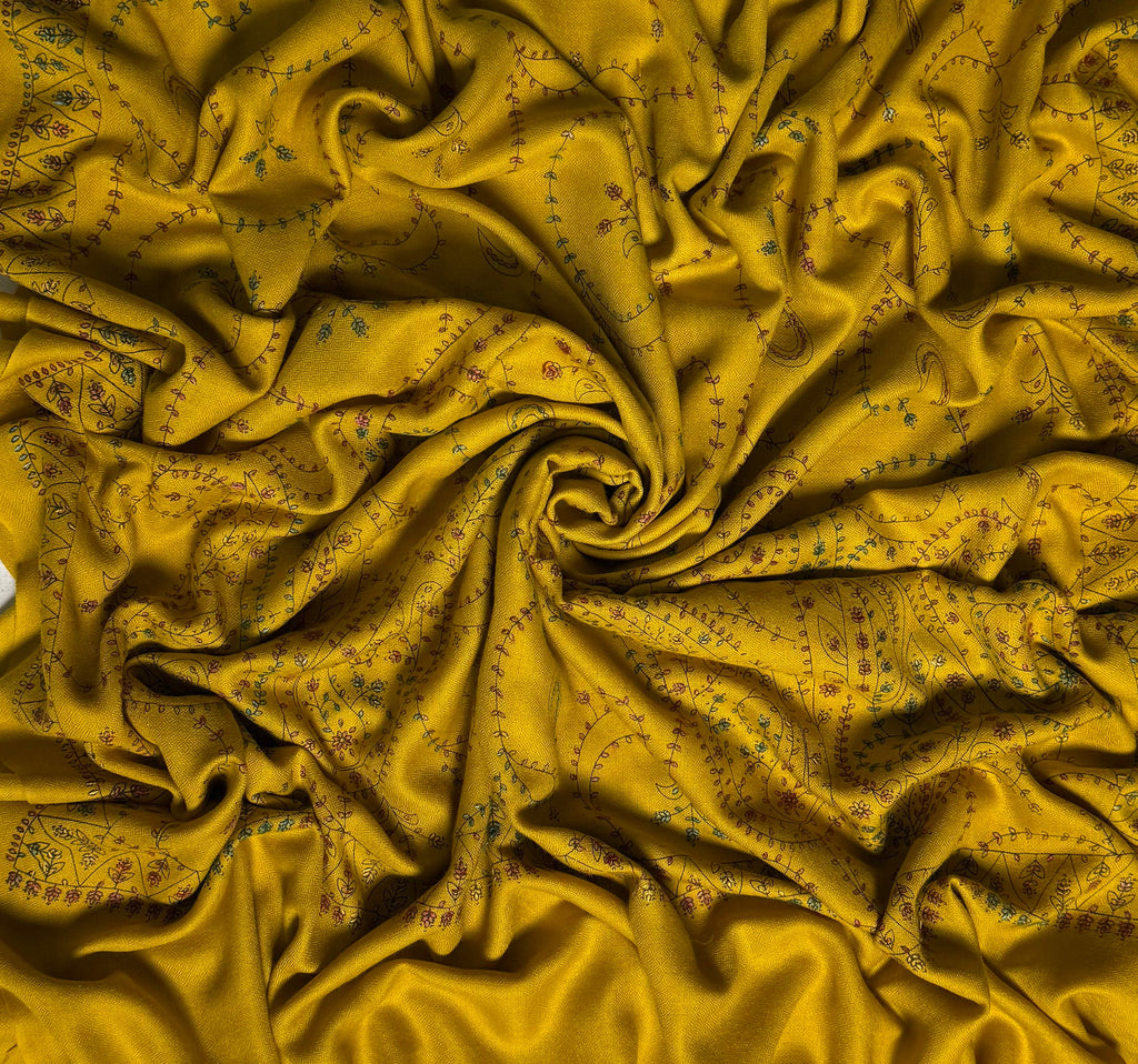 Mustard Swati Shahtoosh shawl hand embroidered across the whole field in paisley and vine