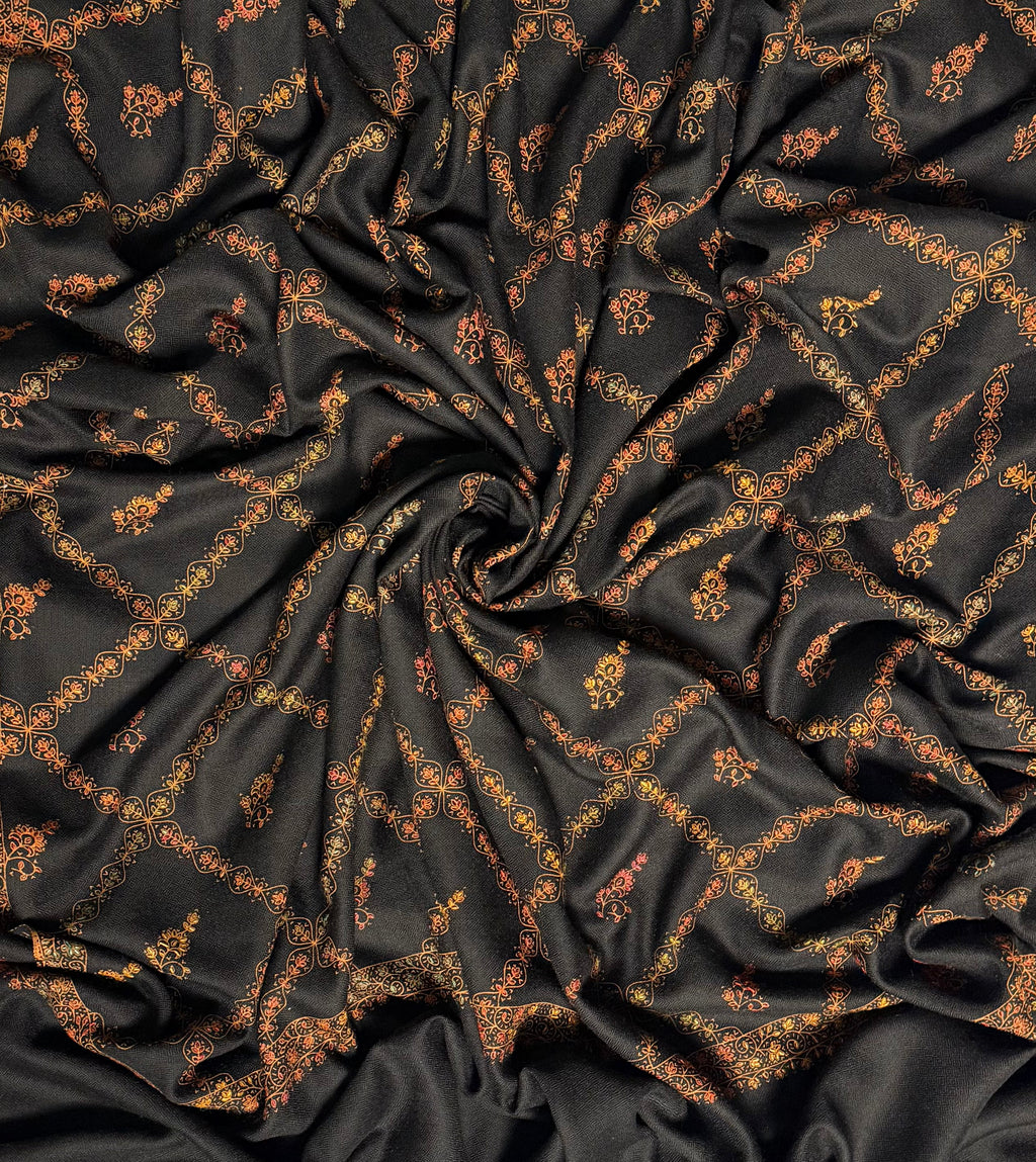 Black Swati Shahtoosh shawl hand embroidered across the whole field in a gold jaal lattice