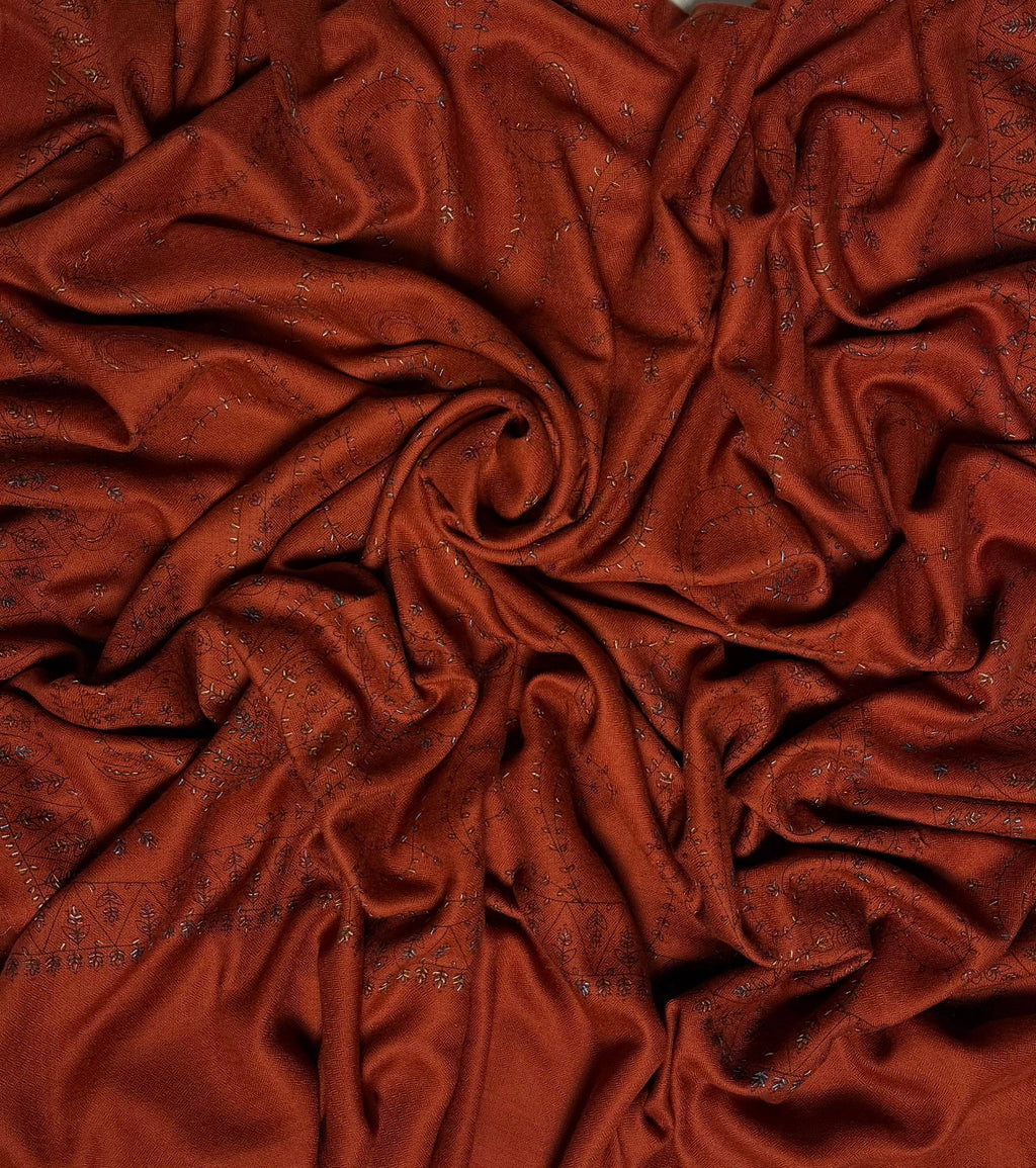 Rust Swati Shahtoosh shawl, hand embroidered across the whole field in paisley and flowering vine