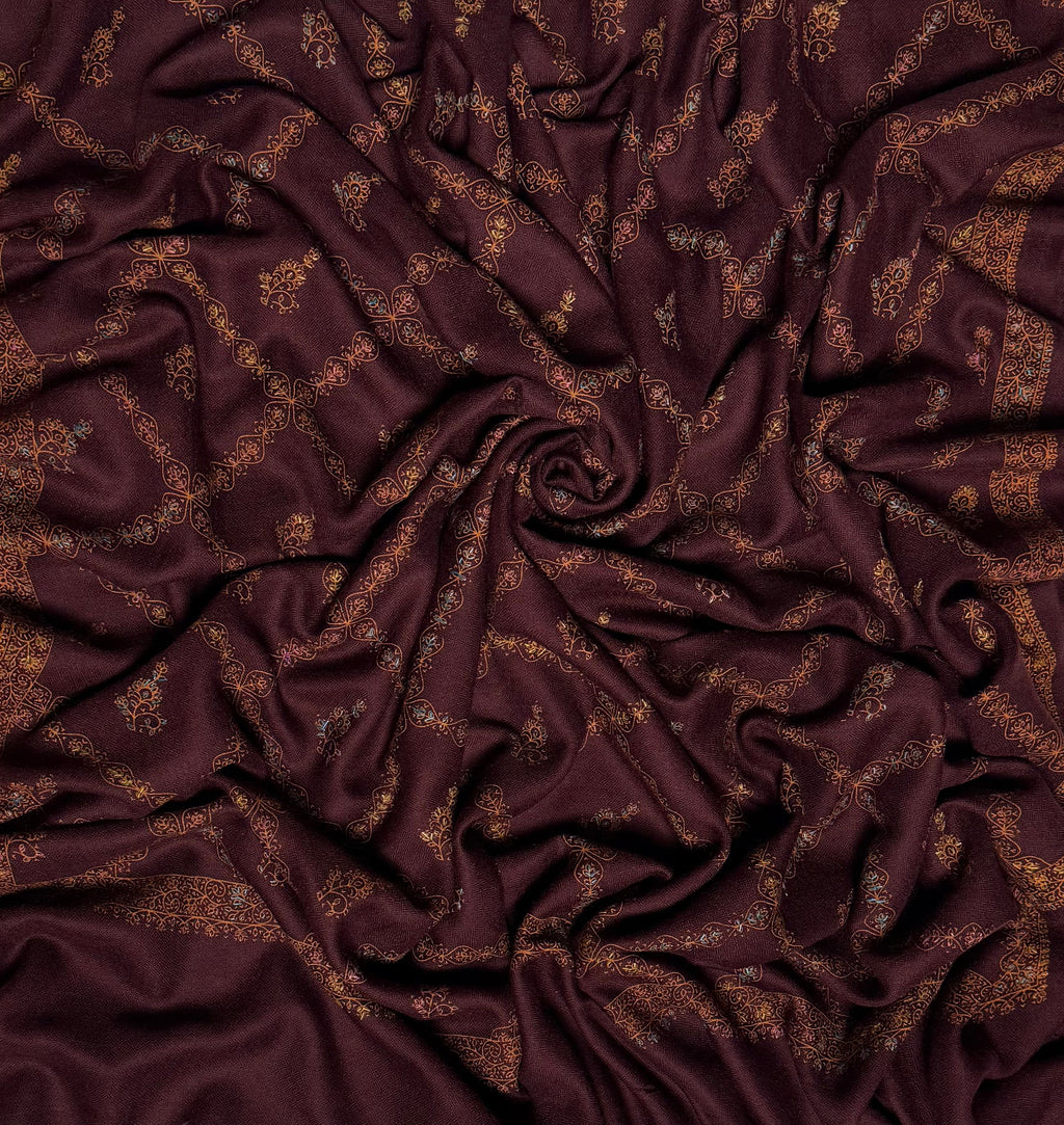 Wine Swati Shahtoosh shawl hand embroidered across the whole field in a copper jaal trellis