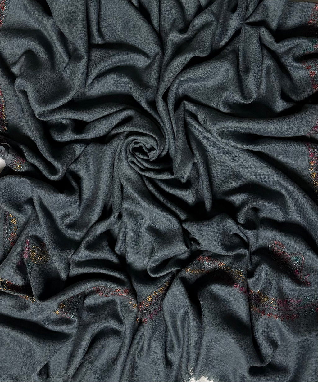 Slate grey Swati Shahtoosh shawl with a fine hand-embroidered floral border on a plain field