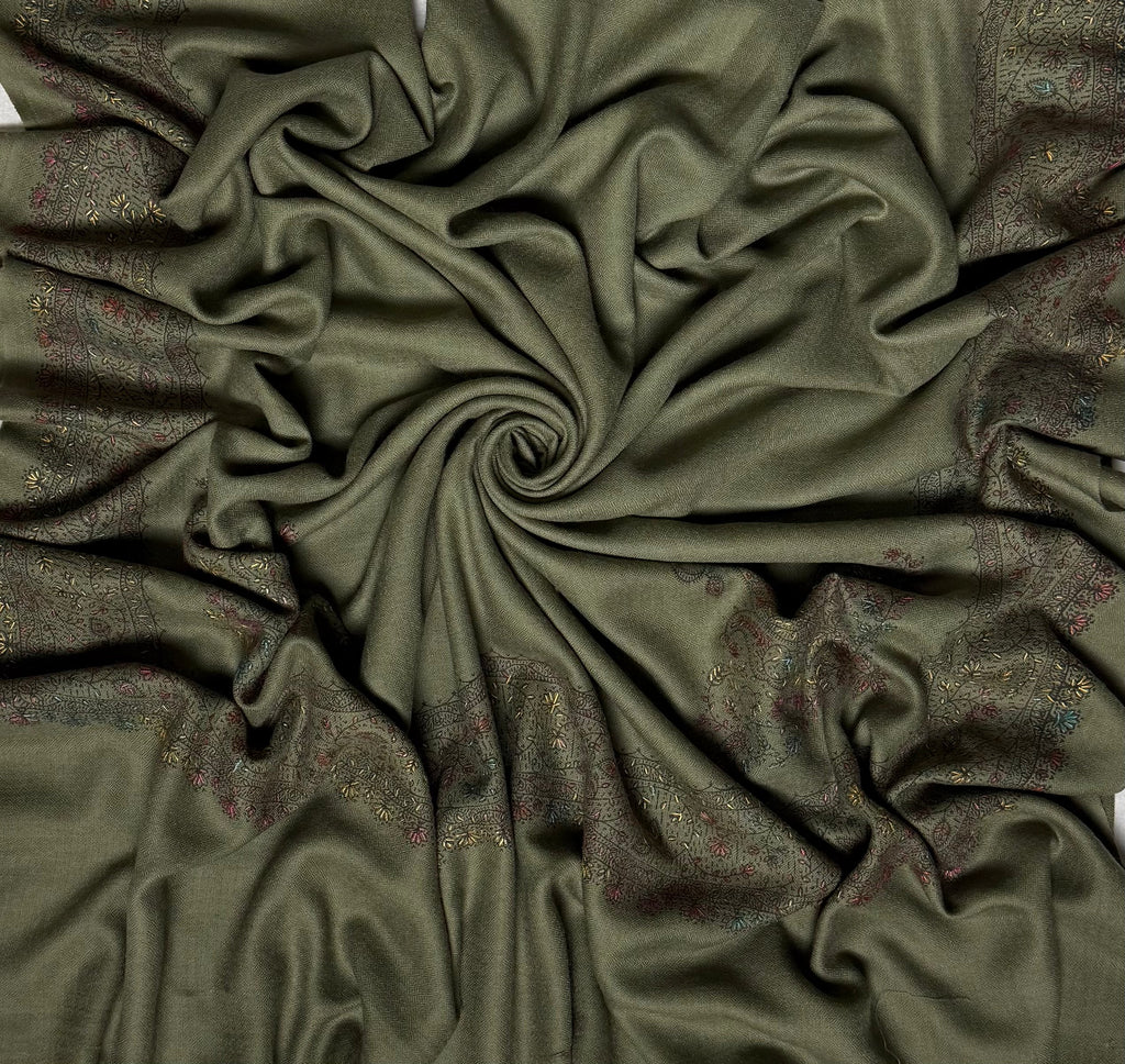 Olive green Swati Shahtoosh shawl with a hand-embroidered floral border on a plain field