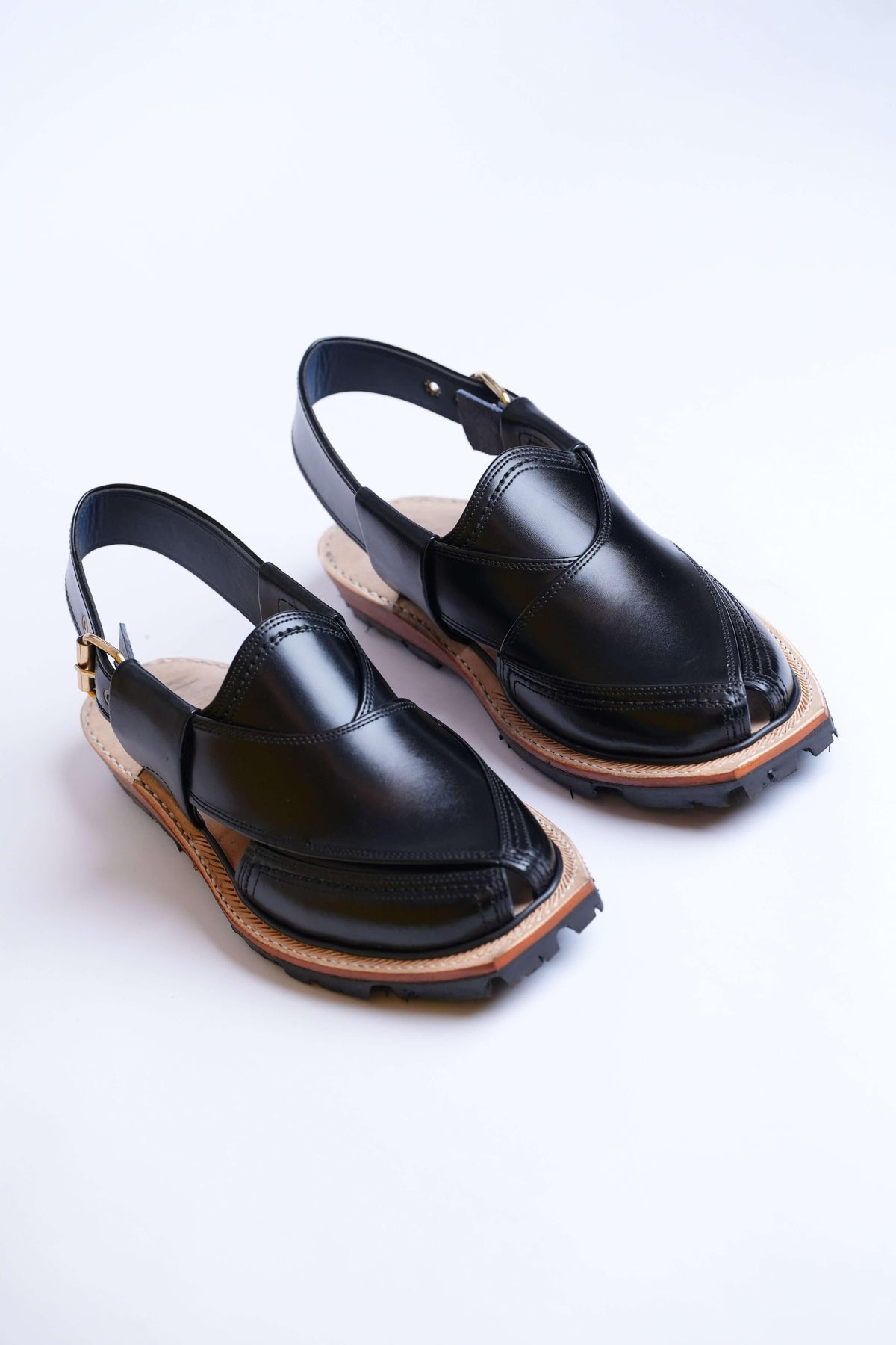 Norozi Peshawari chappal in black, hand-stitched leather, view 2
