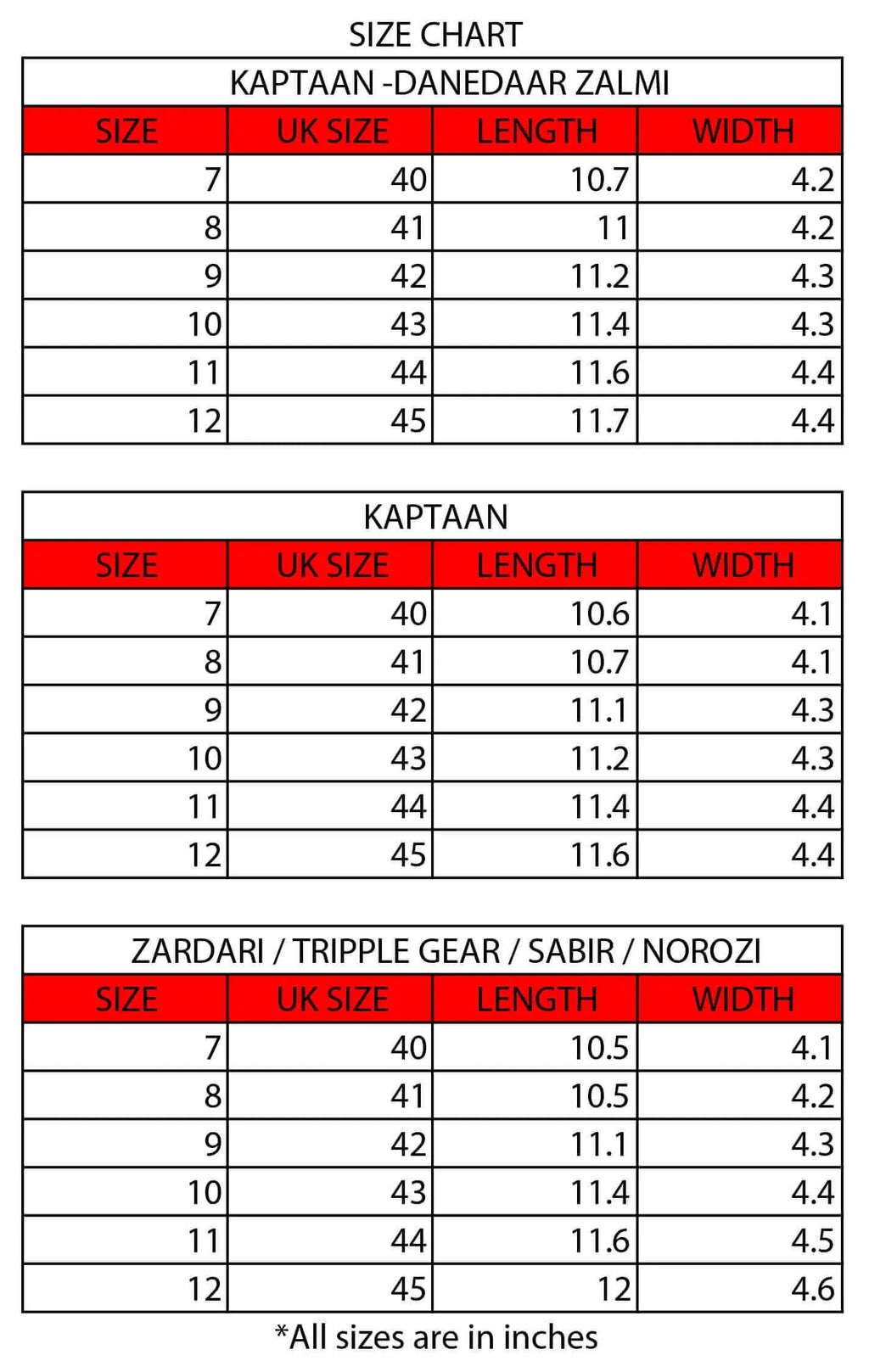 Peshawari chappal size chart, sizes 7 to 12