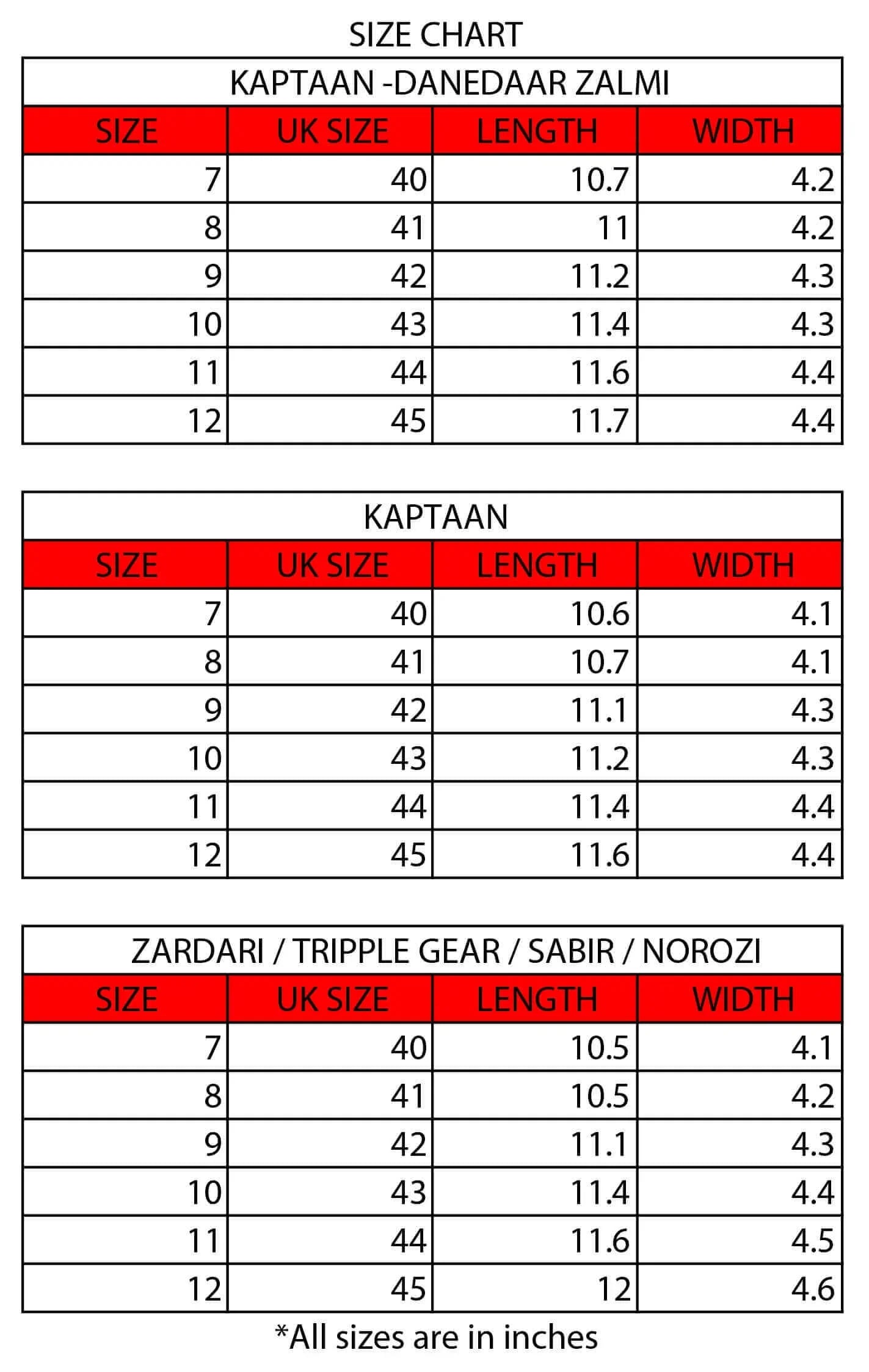 Peshawari chappal size chart, sizes 7 to 12
