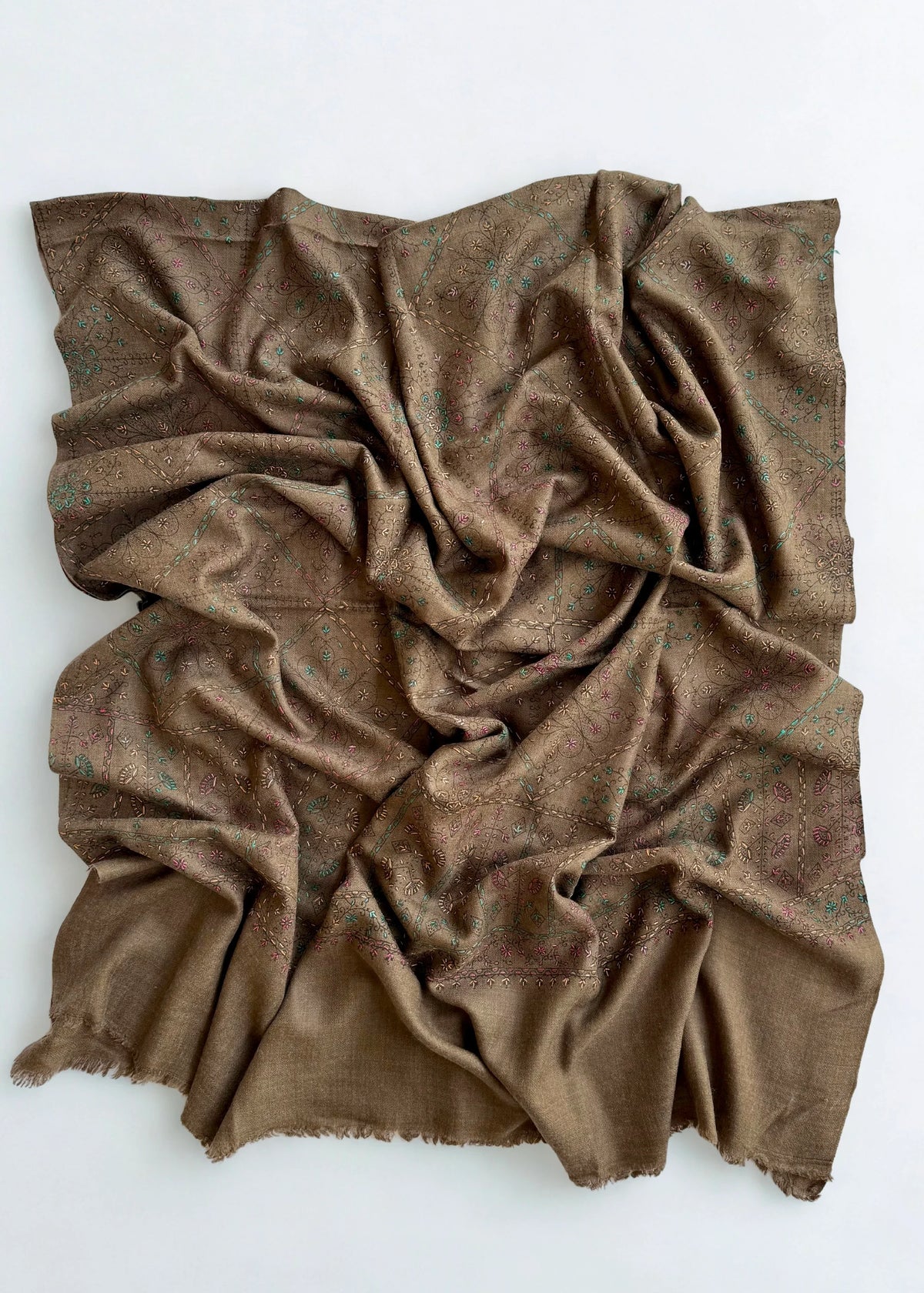 Swati Shahtoosh fully embroidered shawl in khaki brown, hand-embroidered Swati pashmina, view 2