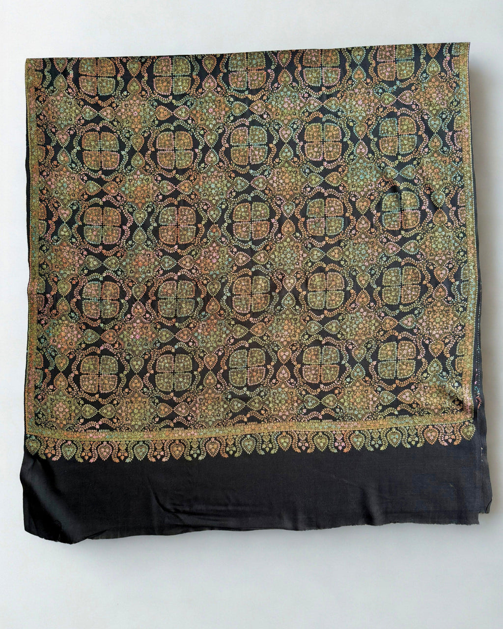Pure Kashmiri Pashmina fully embroidered shawl in midnight black, view 4