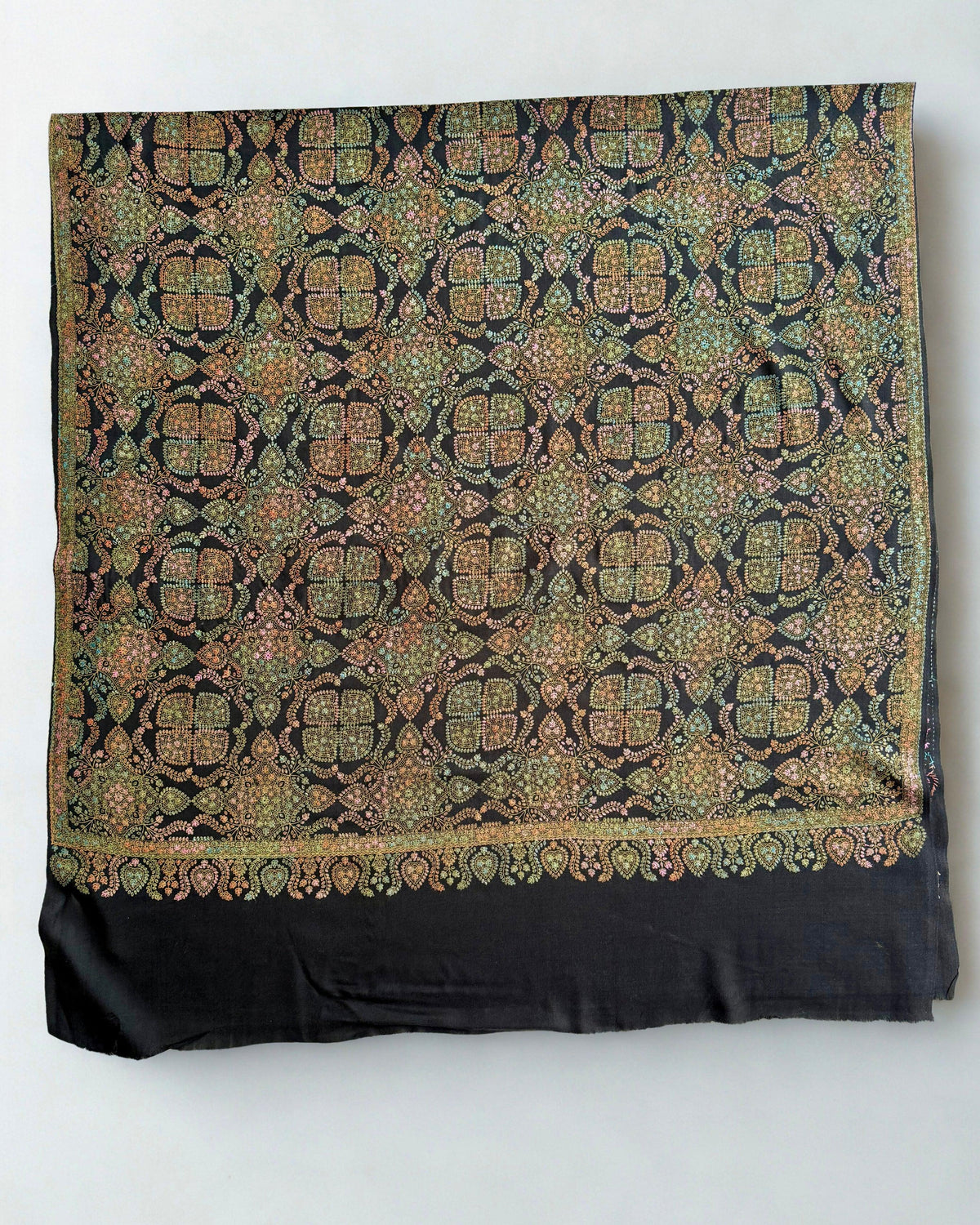 Pure Kashmiri Pashmina fully embroidered shawl in midnight black, view 4