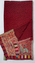 Maroon fine pashmina ek rukh ring (Palladar) shawl with woven village landscape end panel, laid flat