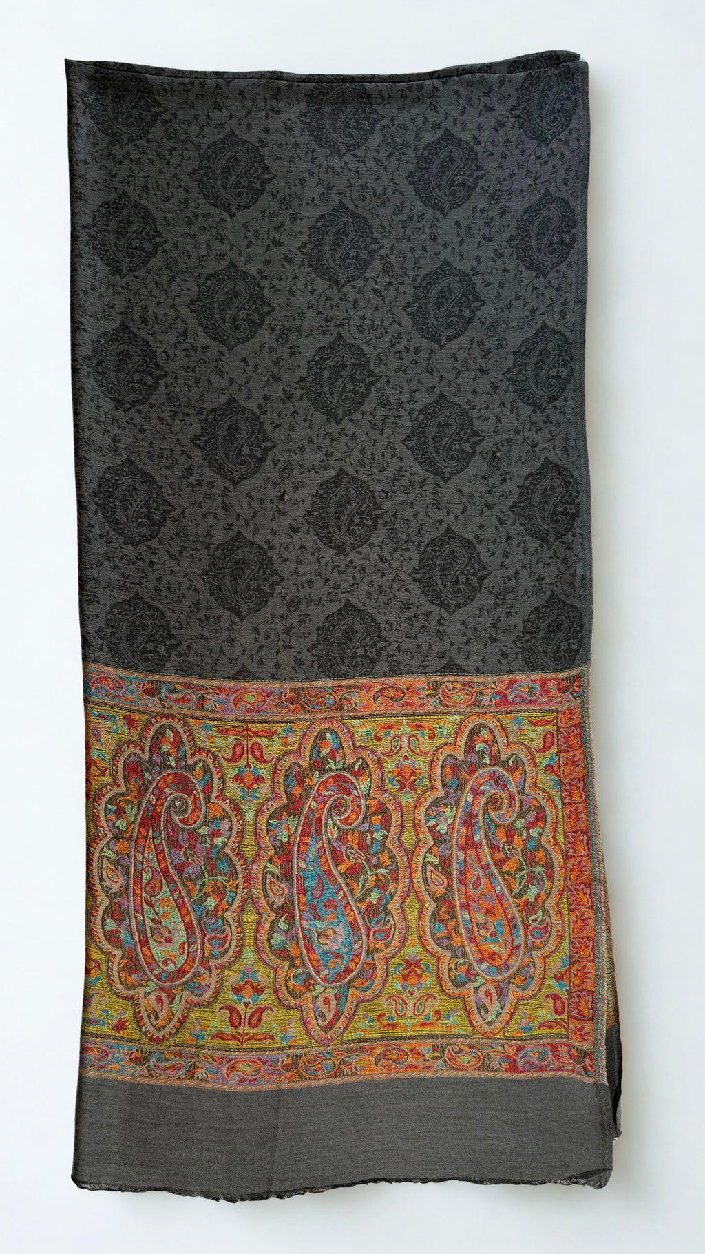 Graphite fine pashmina ring (Palladar) shawl with woven paisley palla, laid flat