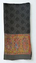 Graphite fine pashmina ring (Palladar) shawl with woven paisley palla, laid flat