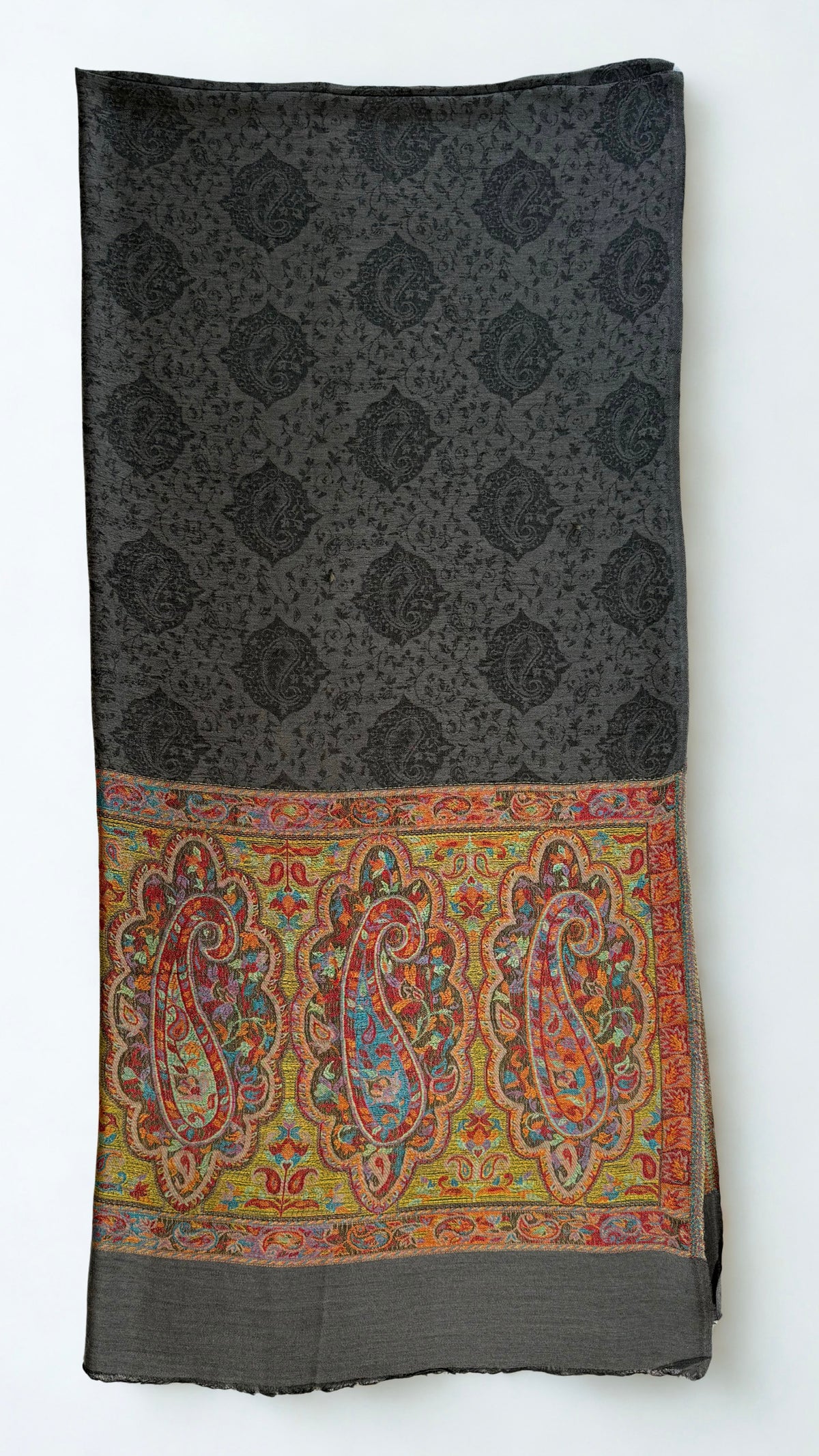 Graphite fine pashmina ring (Palladar) shawl with woven paisley palla, laid flat