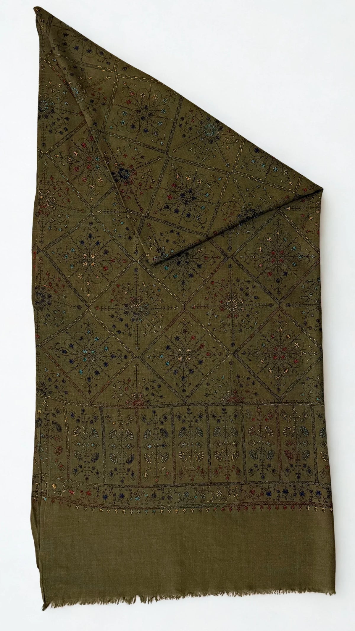 Swati Shahtoosh fully embroidered shawl in khaki green, hand-embroidered Swati pashmina, view 2