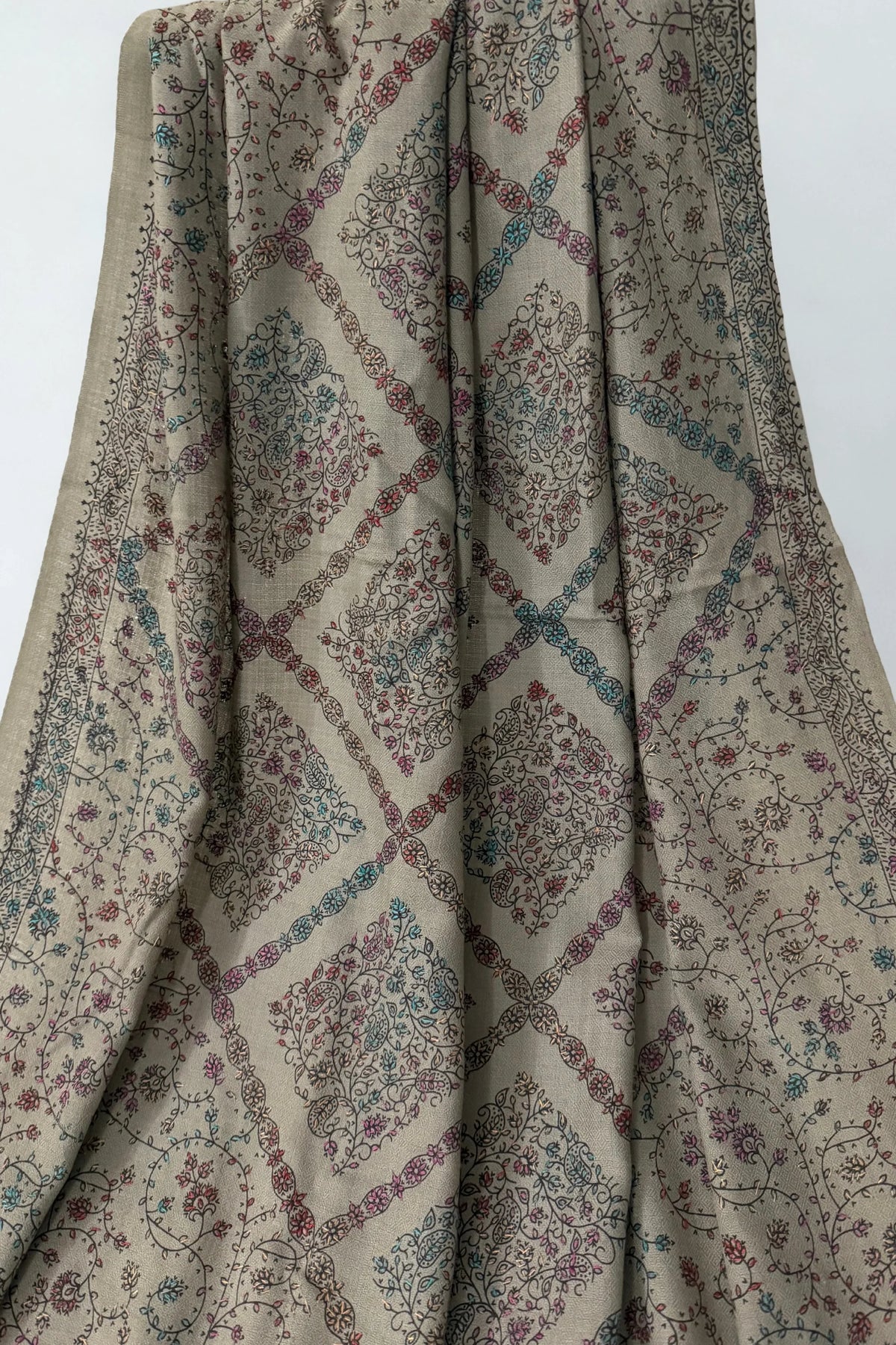 Swati Shahtoosh fully embroidered shawl in grey, hand-embroidered Swati pashmina, view 3