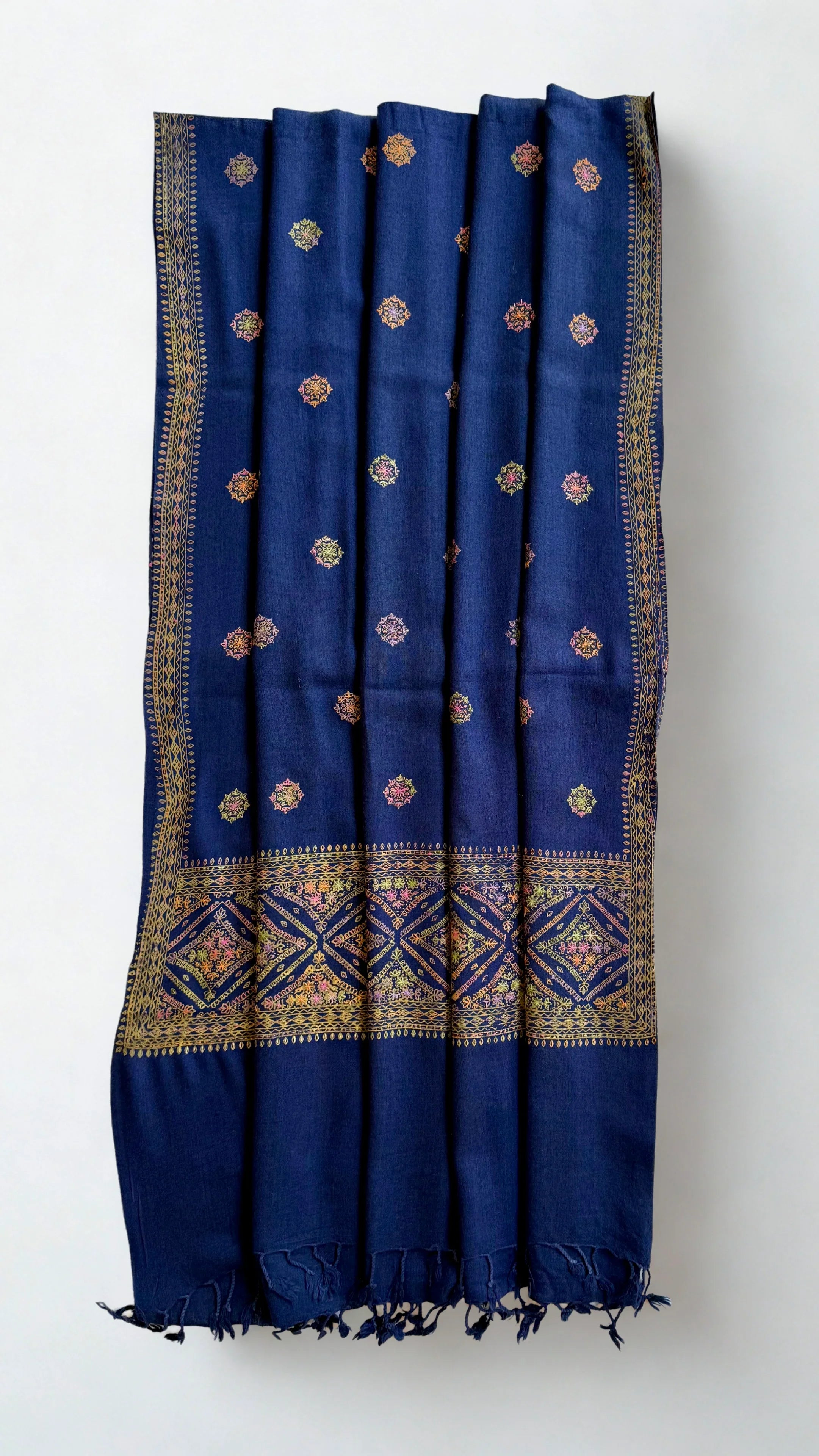 Pashmina woollen fully embroidered shawl in midnight blue, hand-embroidered pashmina
