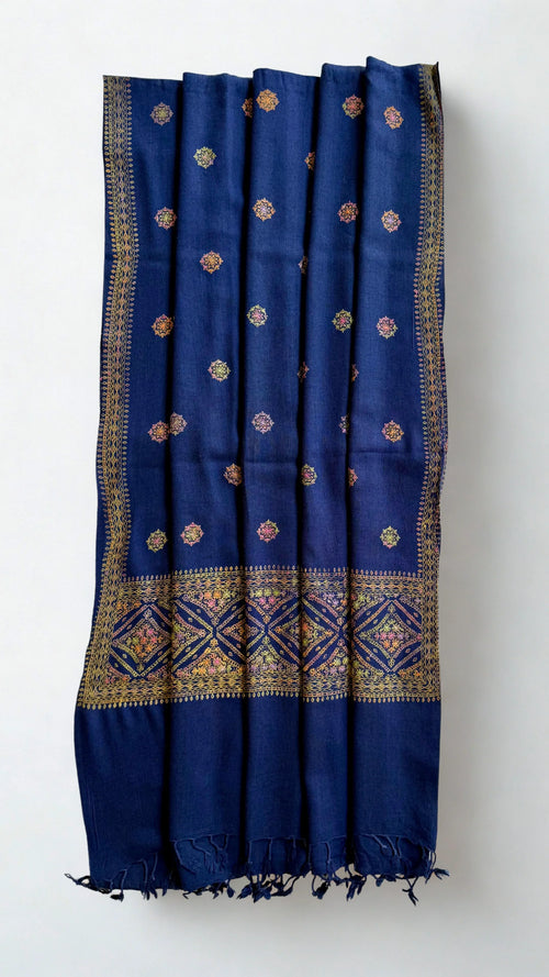 Pashmina woollen fully embroidered shawl in midnight blue, hand-embroidered pashmina