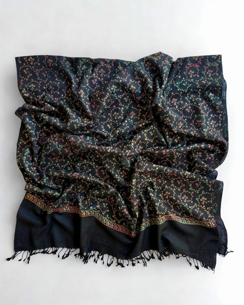 Pashmina woollen fully embroidered shawl in black, hand-embroidered pashmina, view 2