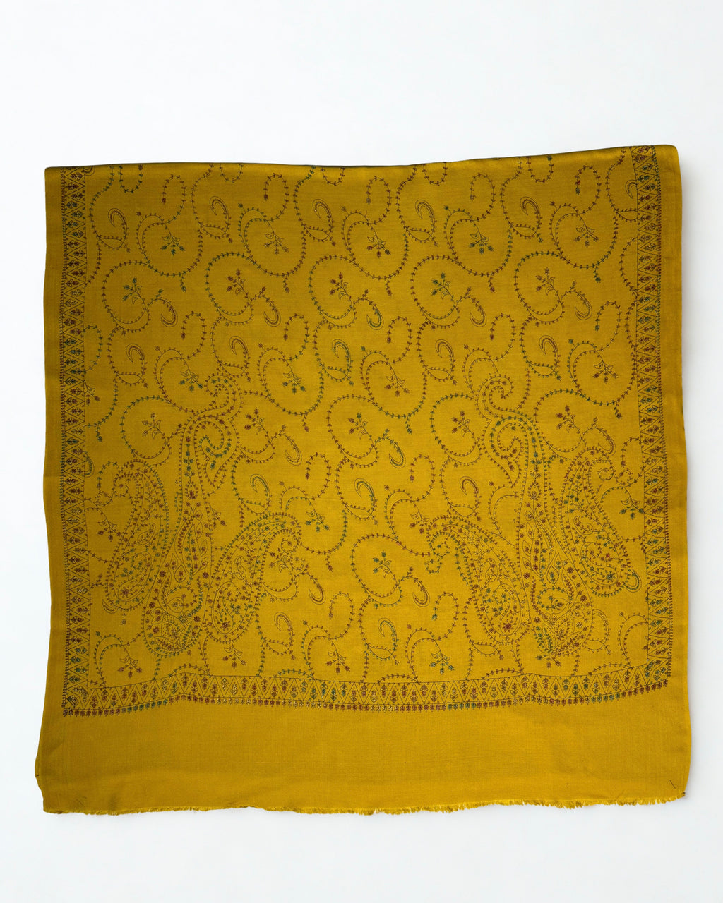 Mustard Swati Shahtoosh shawl opened flat, curling paisley and vine covering the entire field