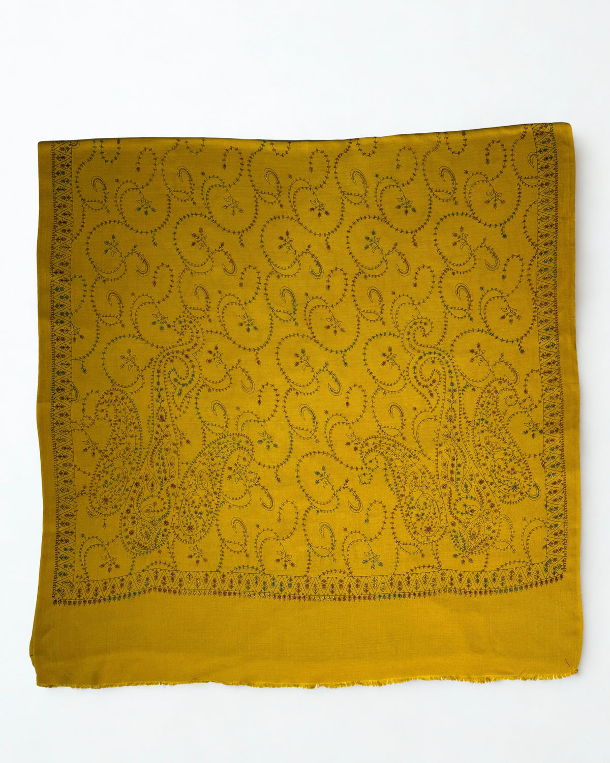 Mustard Swati Shahtoosh shawl opened flat, curling paisley and vine covering the entire field