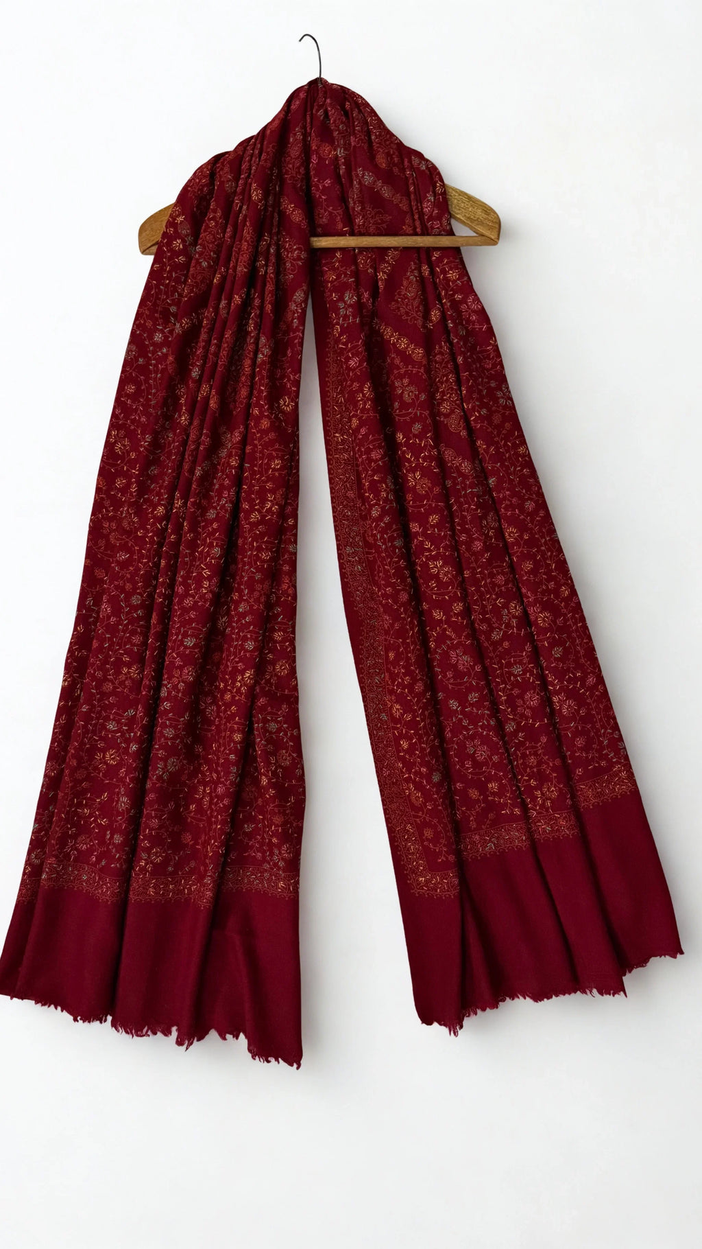 Swati Shahtoosh fully embroidered shawl in maroon, hand-embroidered Swati pashmina