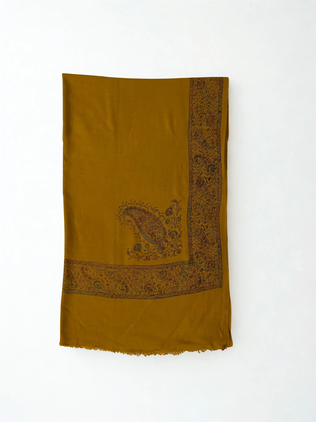 Swati Shahtoosh embroidered shawl in mustard, hand-embroidered Swati pashmina, view 2