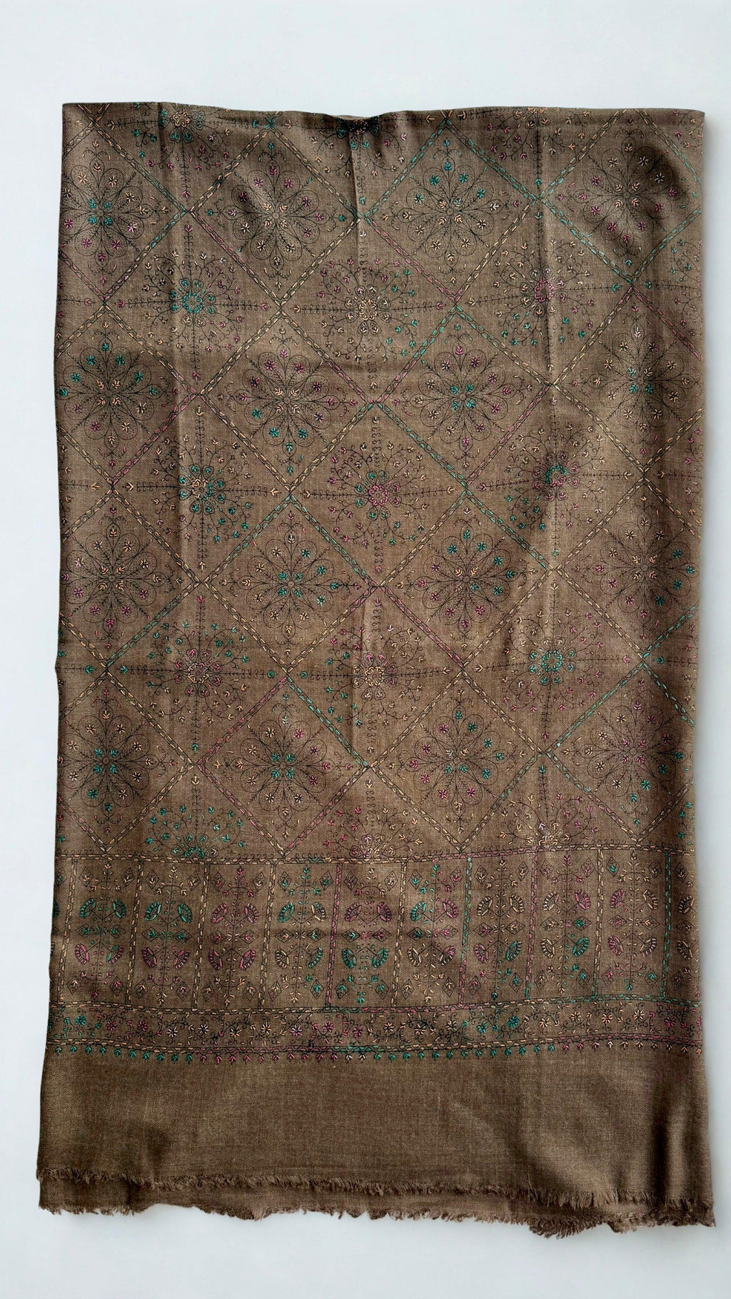 Swati Shahtoosh fully embroidered shawl in khaki brown, hand-embroidered Swati pashmina, view 3