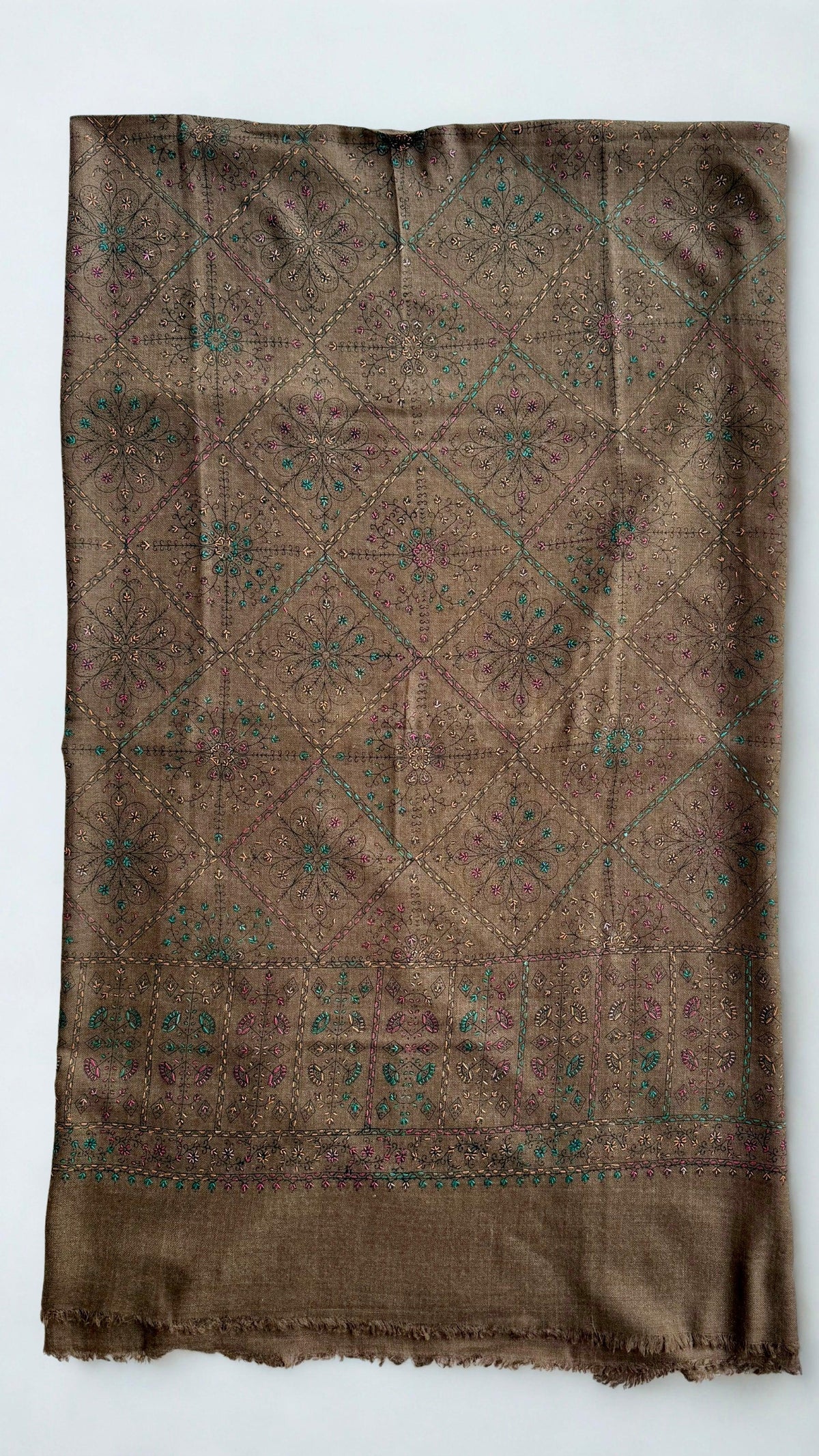 Swati Shahtoosh fully embroidered shawl in khaki brown, hand-embroidered Swati pashmina, view 3