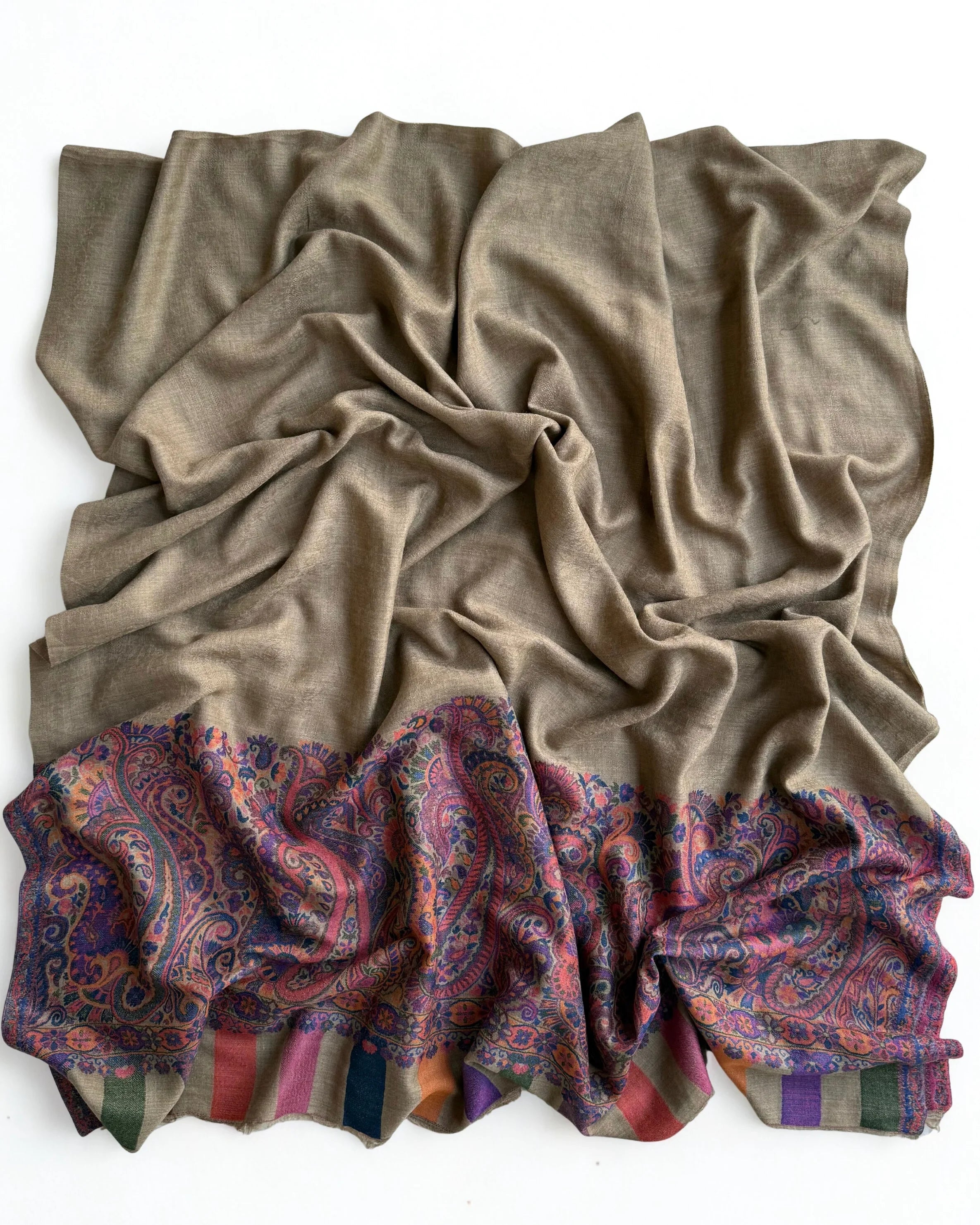 Fine Pashmina Ring Palladar shawl in khaki green, handwoven pashmina ring shawl, view 4