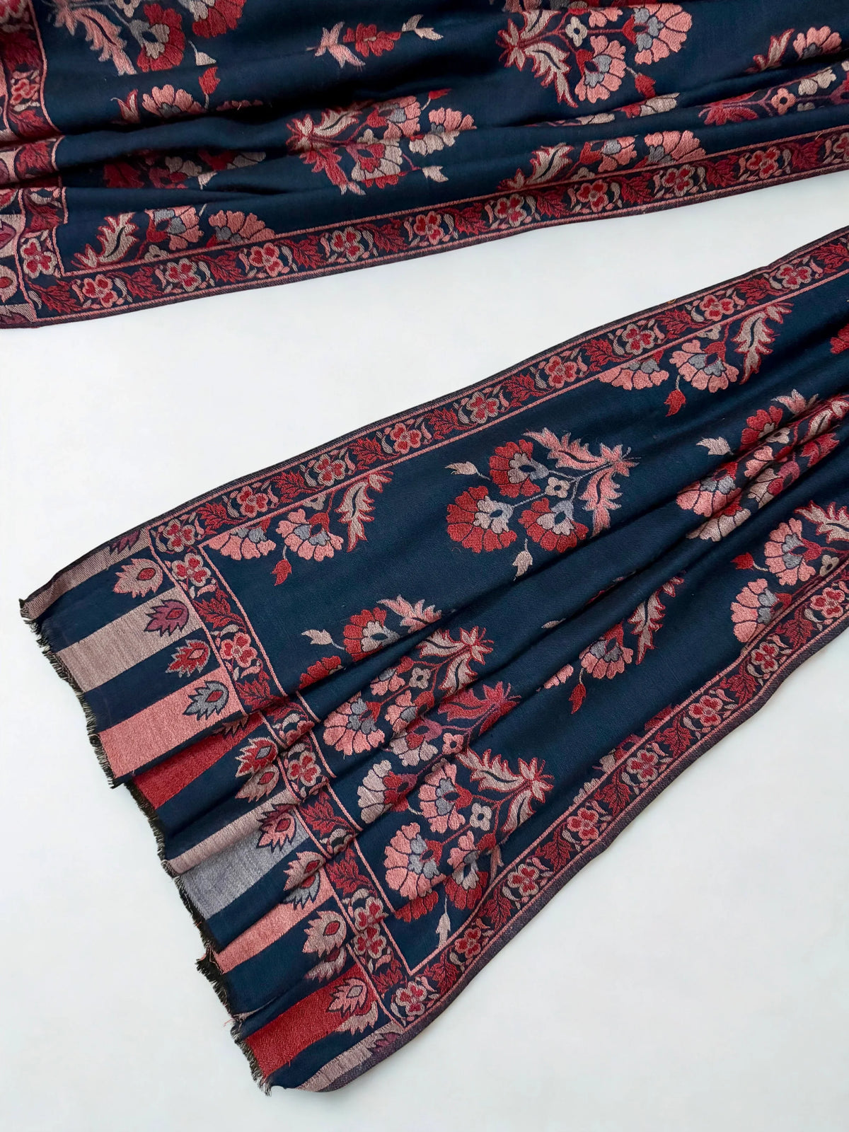 Pure Kashmiri Pashmina Kani shawl in navy blue, handwoven Kani pashmina, view 4
