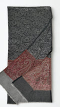 Charcoal fine pashmina ring (Palladar) shawl with antique rose paisley border, swirled