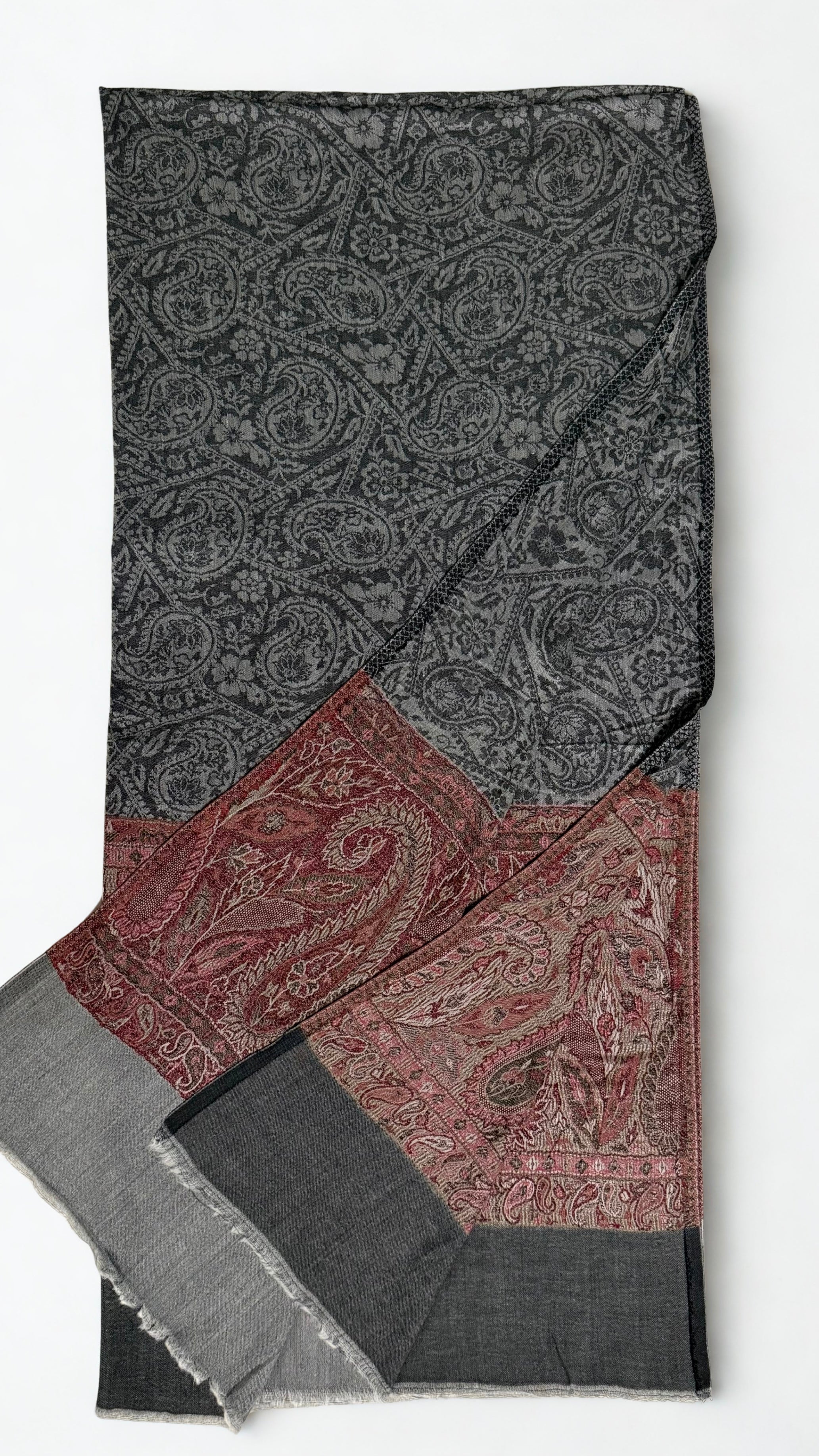 Charcoal fine pashmina ring (Palladar) shawl with antique rose paisley border, swirled
