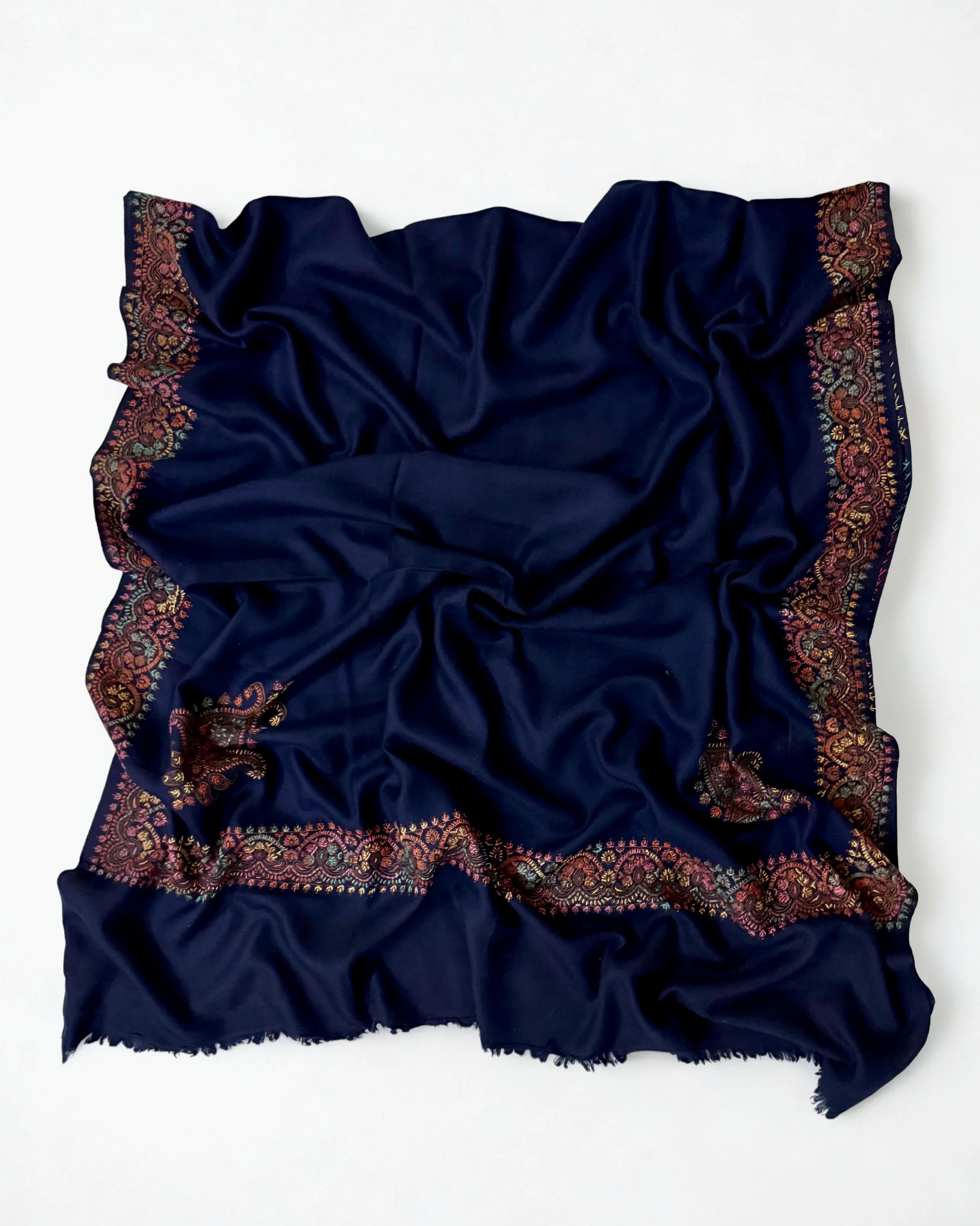 Swati Shahtoosh embroidered shawl in navy blue, hand-embroidered Swati pashmina, view 2