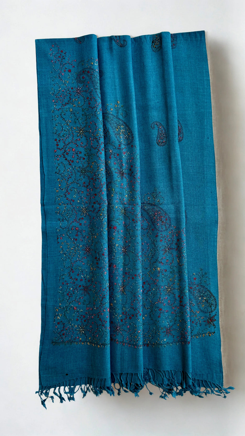 Pashmina woollen fully embroidered shawl in teal blue, hand-embroidered pashmina