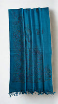 Pashmina woollen fully embroidered shawl in teal blue, hand-embroidered pashmina