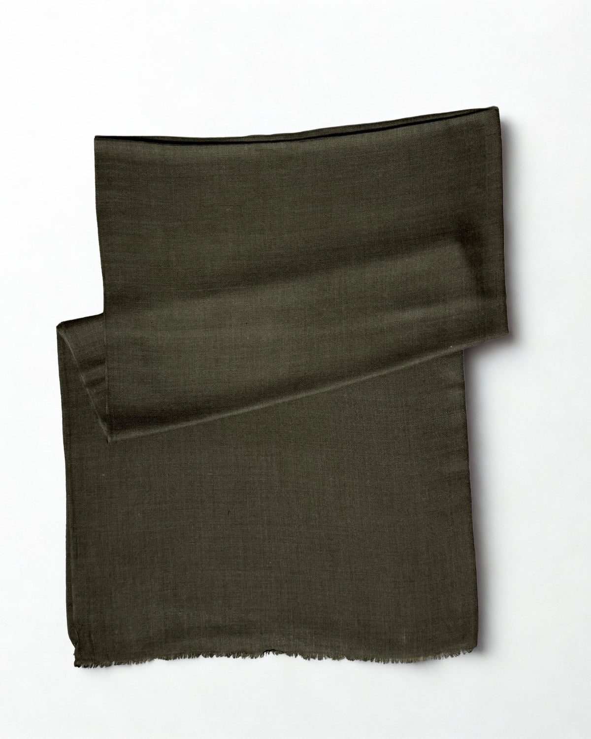 Olive Swati Shahtoosh shawl folded diagonally on a white background, plain with a natural fringed edge